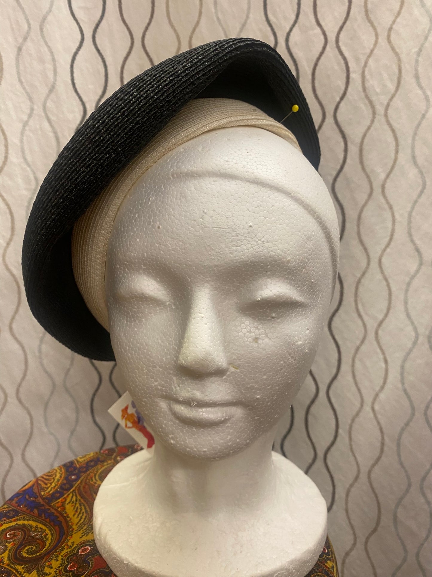 Black and White Woven Side Beret Tilt style Hat 1950-1960's