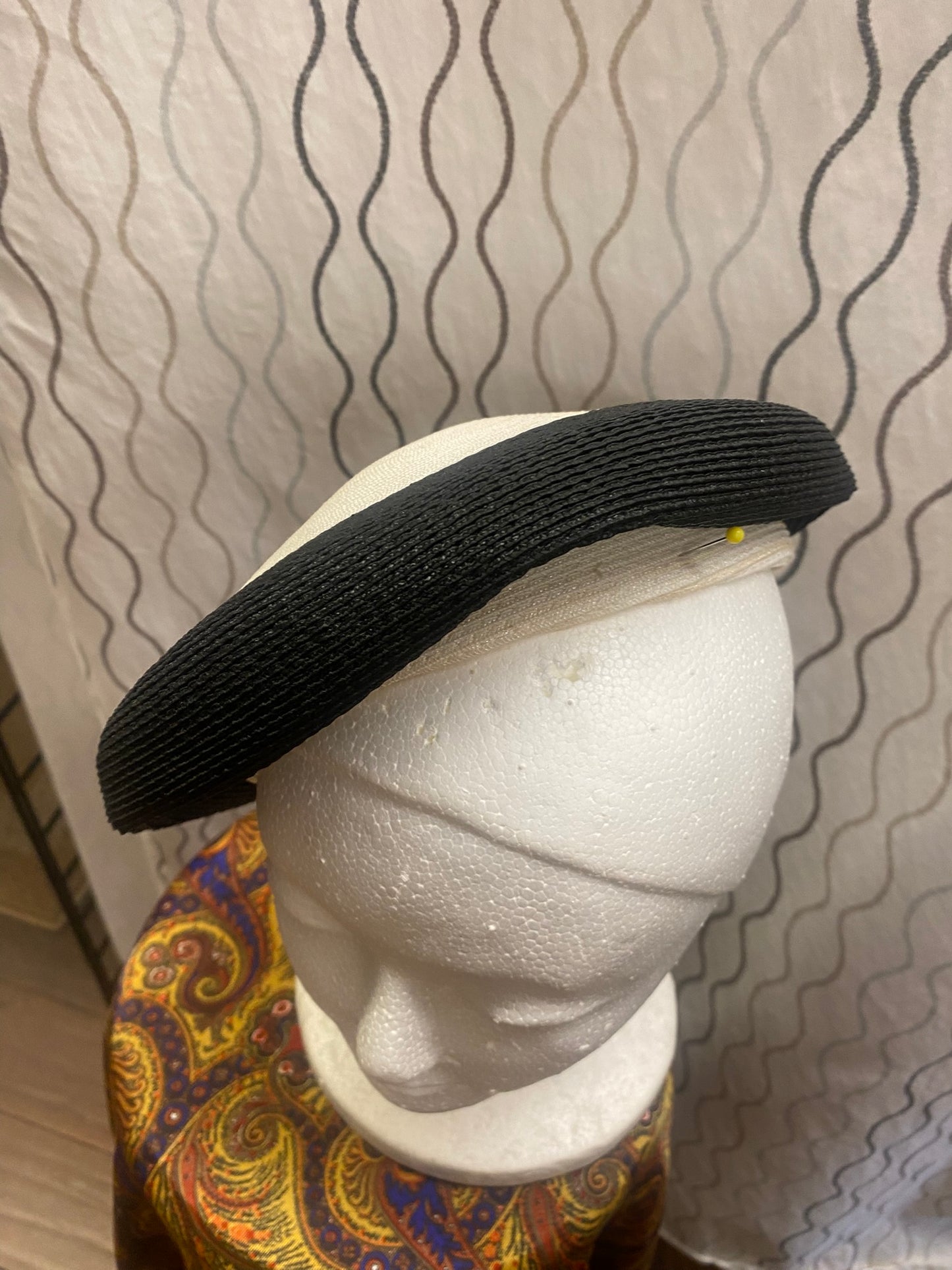 Black and White Woven Side Beret Tilt style Hat 1950-1960's
