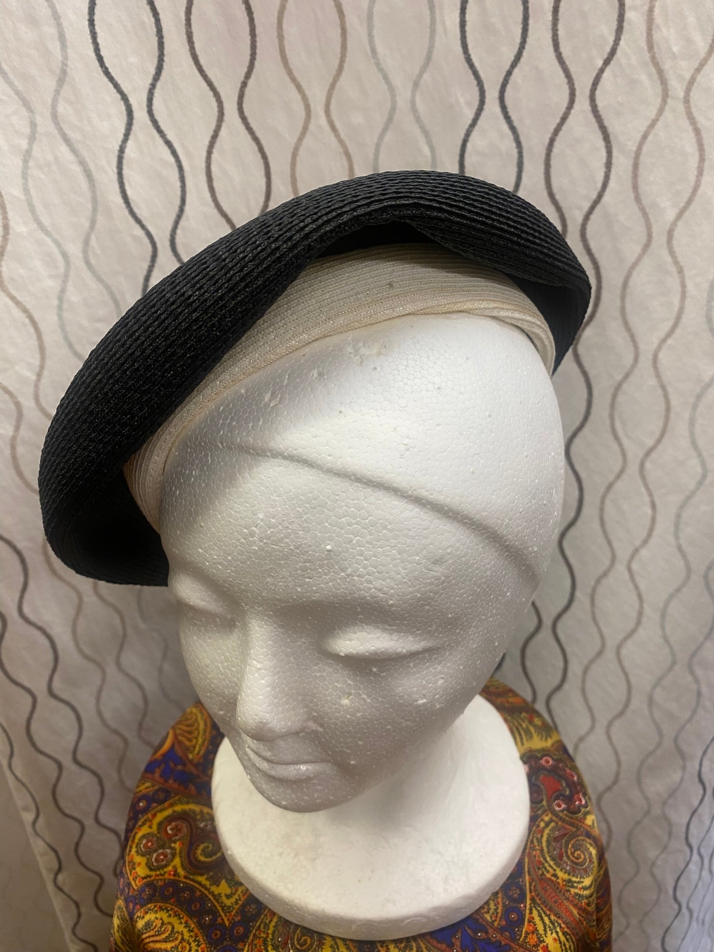 Black and White Woven Side Beret Tilt style Hat 1950-1960's