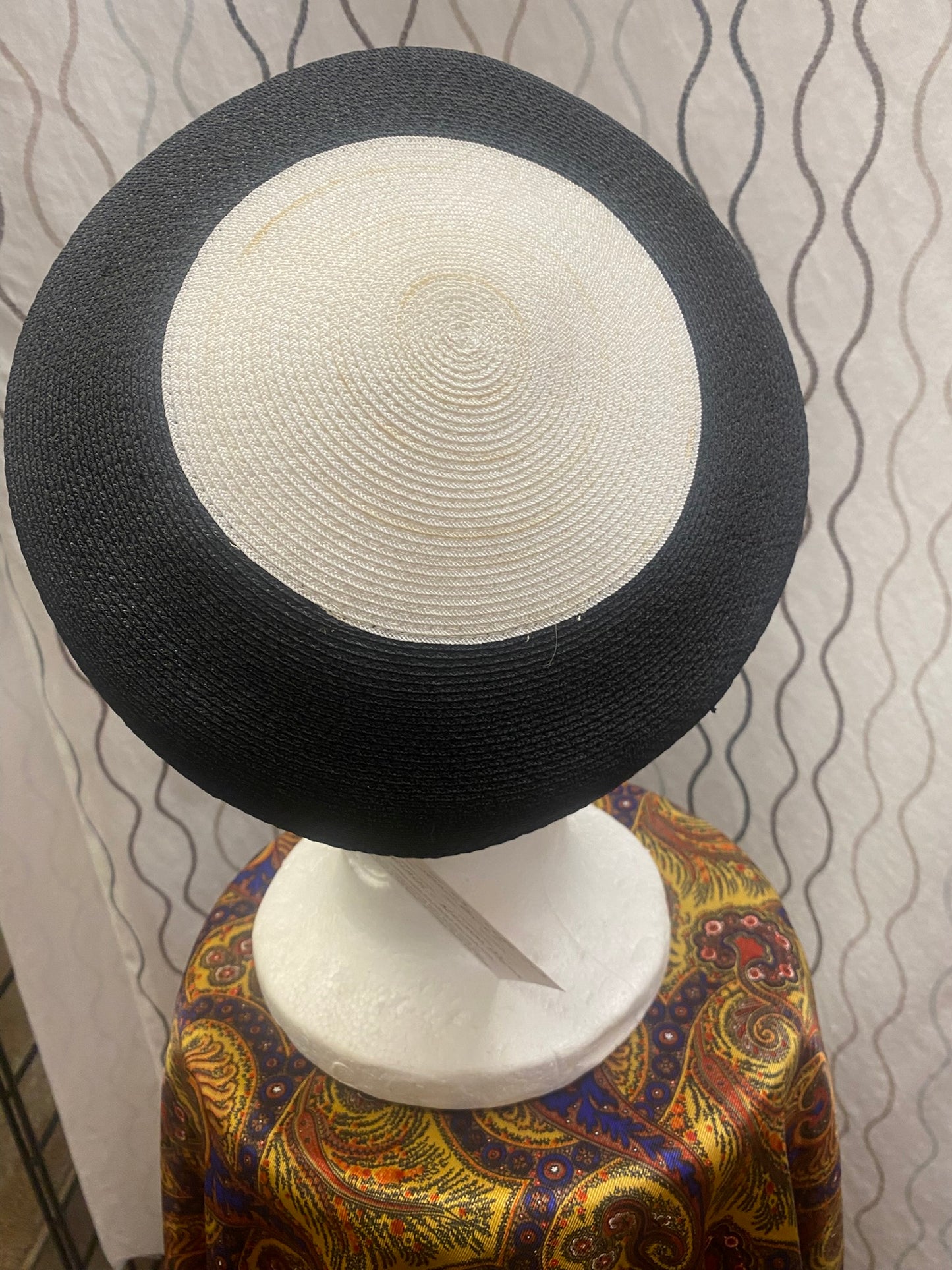 Black and White Woven Side Beret Tilt style Hat 1950-1960's