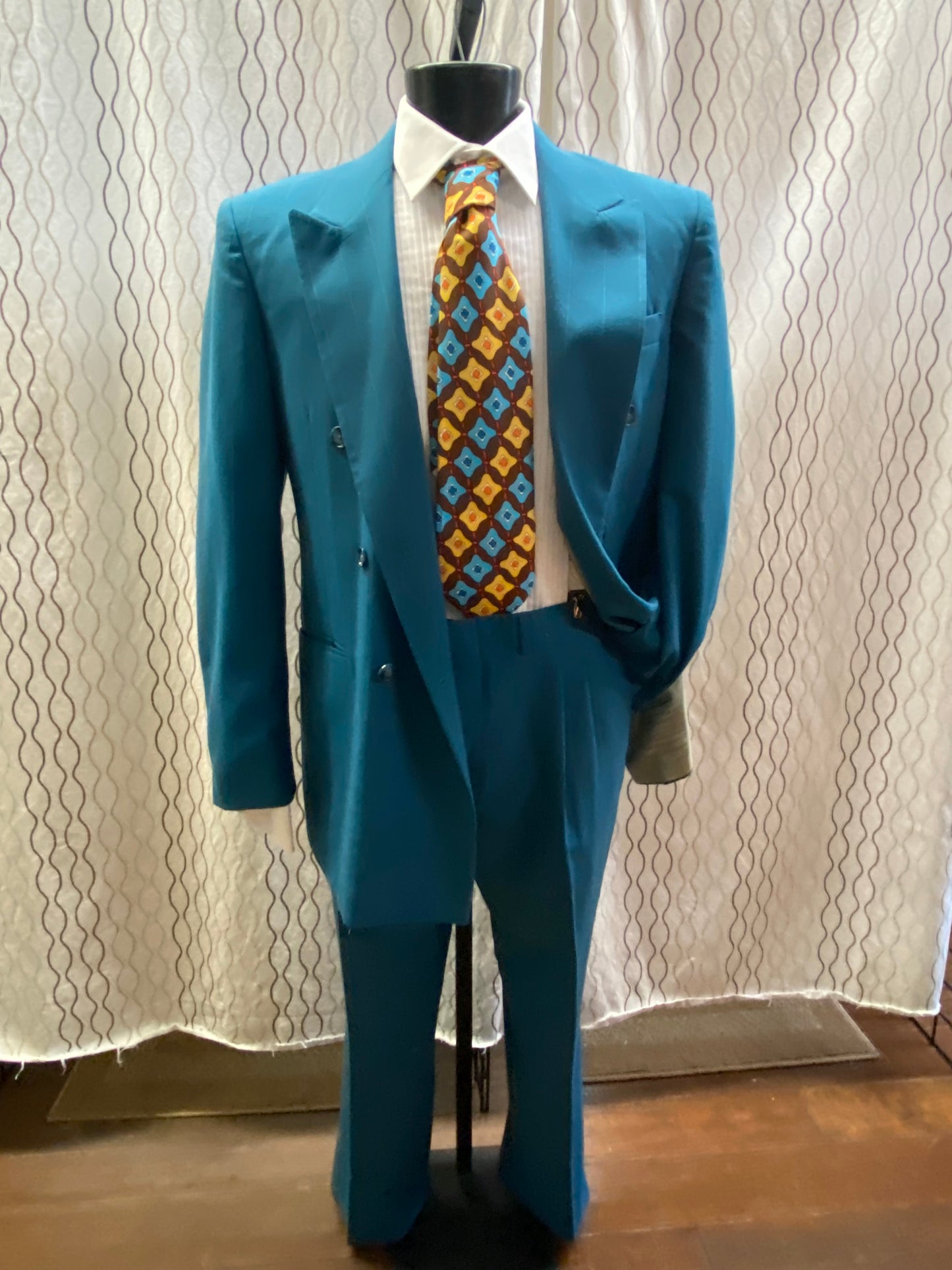 New 1980 Teal Pinstripe Double Breasted Wide Lapel Suit Gangster