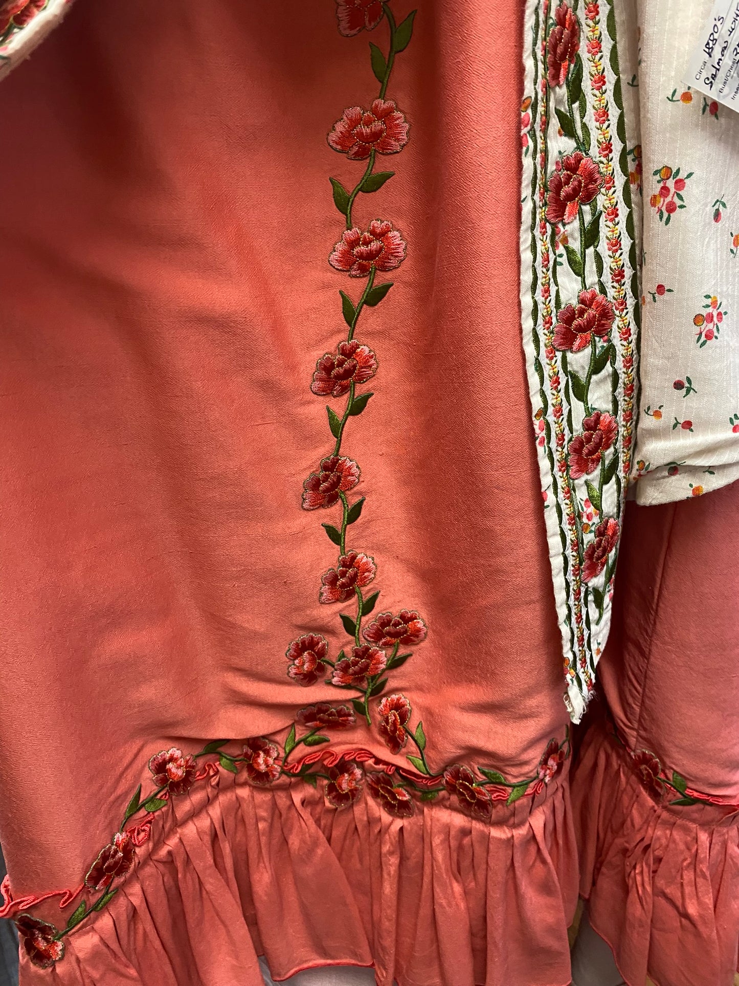 1880's Peach and White Floral 3 Pc. Victorian Bustled Walking Suit with Embroidery