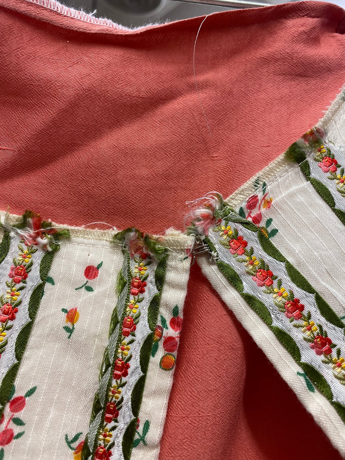 1880's Peach and White Floral 3 Pc. Victorian Bustled Walking Suit with Embroidery