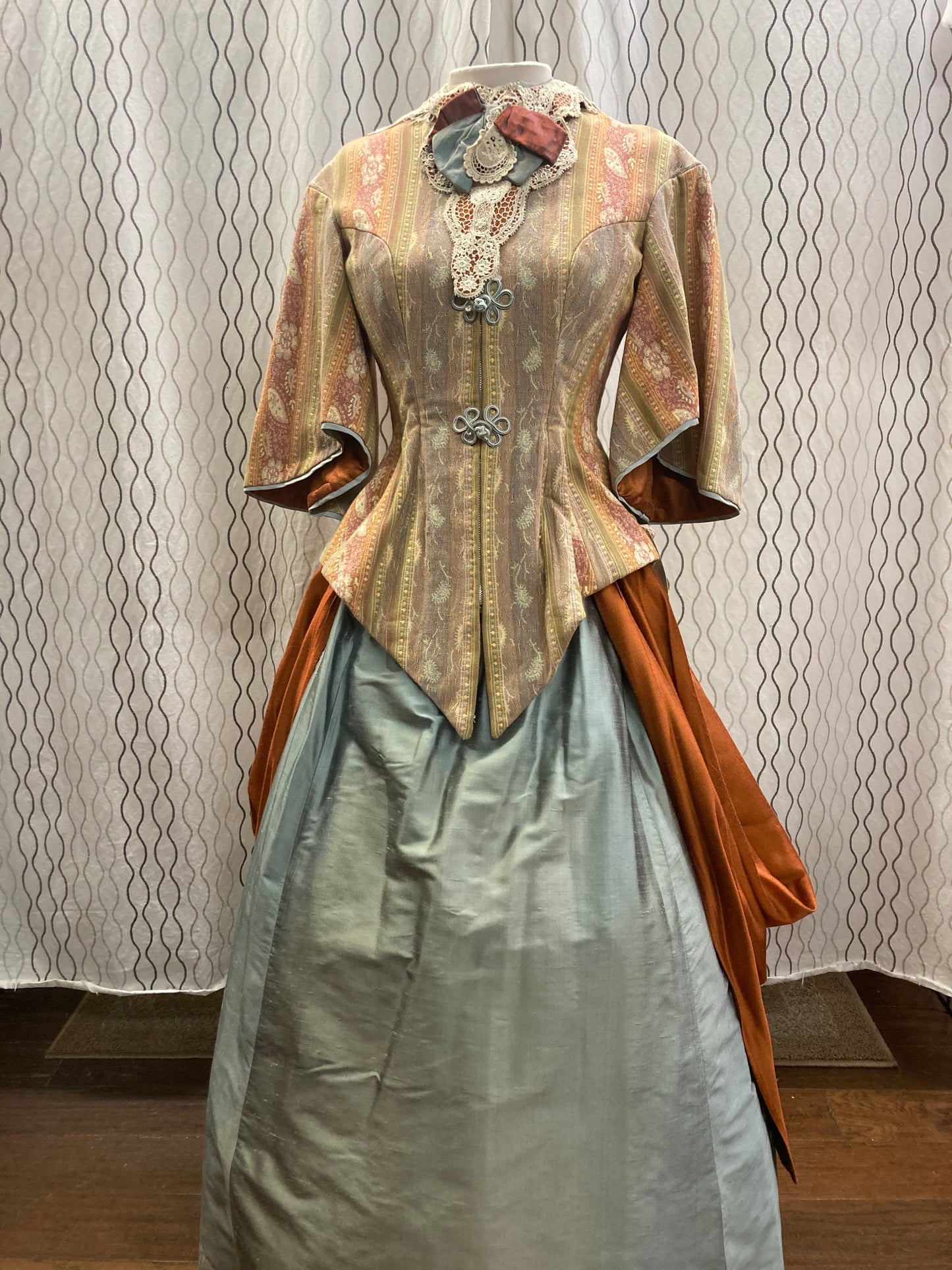 Mint Brocade Victorian Walking Suit with Bustle and Skirt