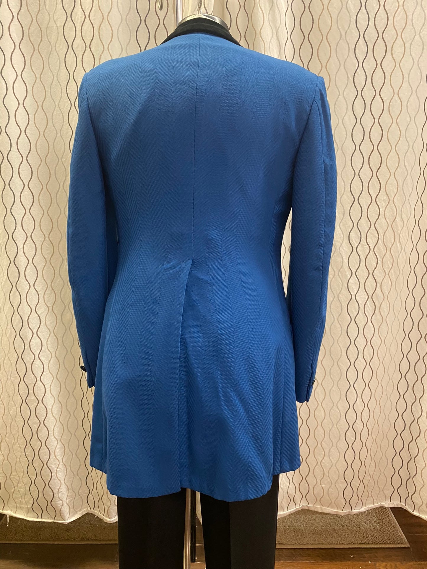 1970's Blue Poly Edwardian Style Tuxedo Jacket w Black Trim