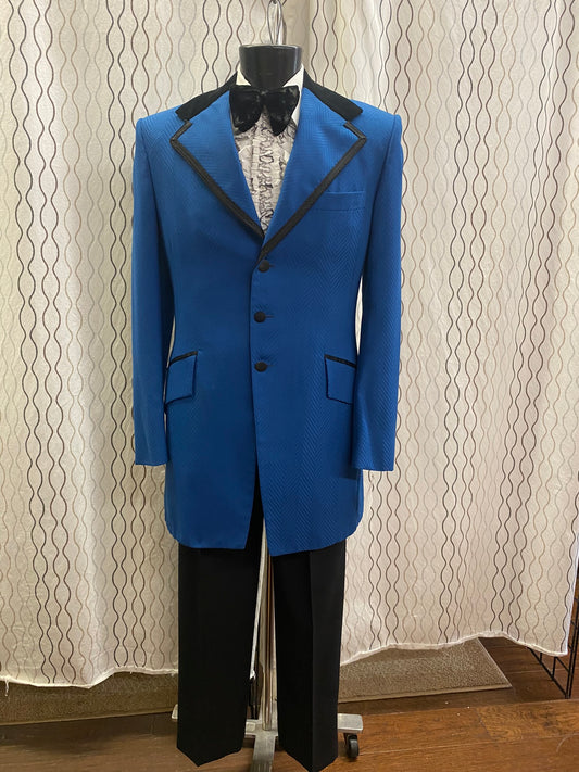 1970's Blue Poly Edwardian Style Tuxedo Jacket w Black Trim