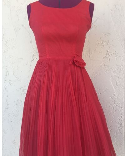 1950's Vintage Red Chiffon Pleated Party Rockabilly Dress