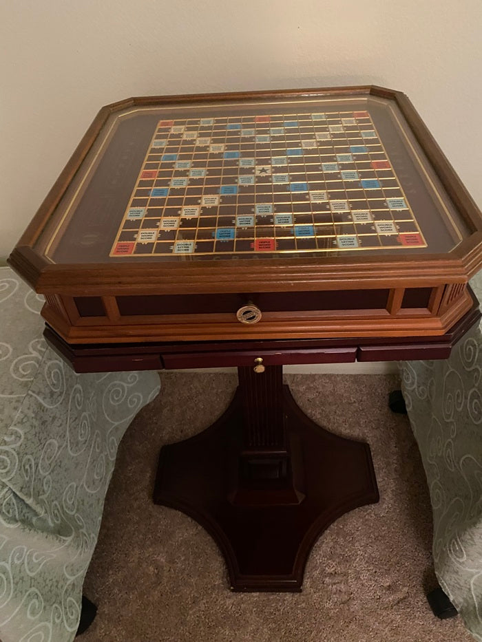 RARE! Milton Bradley Scrabble "The Classic Collector's Edition" with 24K letters, Table, Turntable and Glass cover.