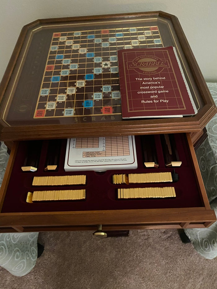 RARE! Milton Bradley Scrabble "The Classic Collector's Edition" with 24K letters, Table, Turntable and Glass cover.