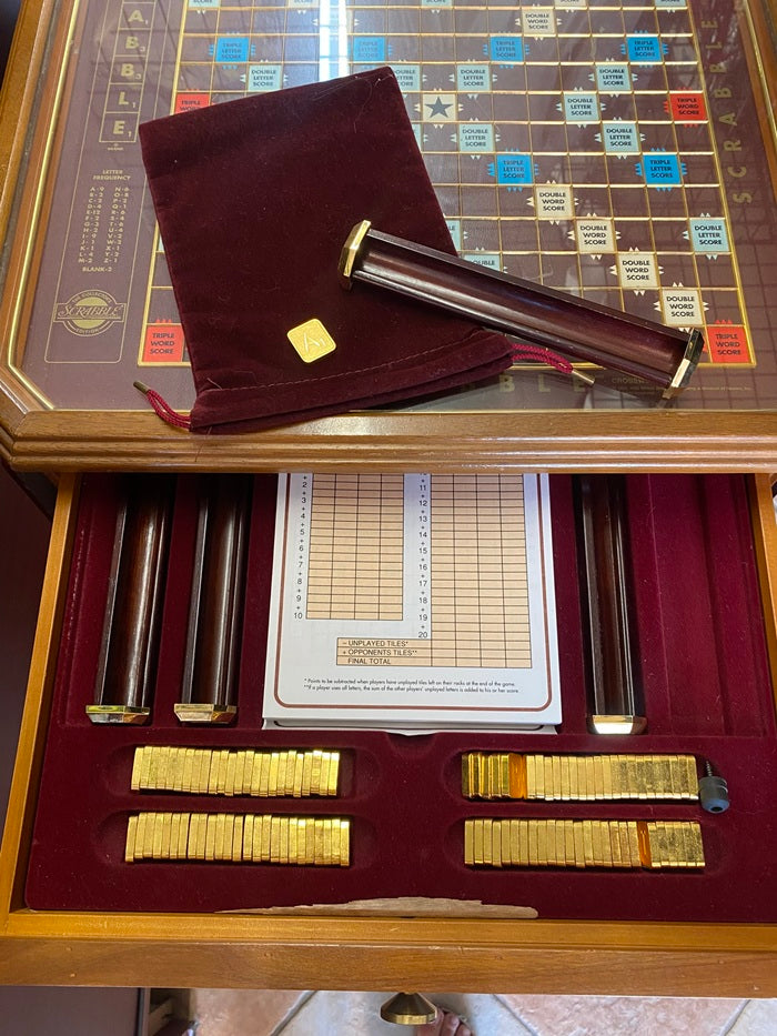 RARE! Milton Bradley Scrabble "The Classic Collector's Edition" with 24K letters, Table, Turntable and Glass cover.