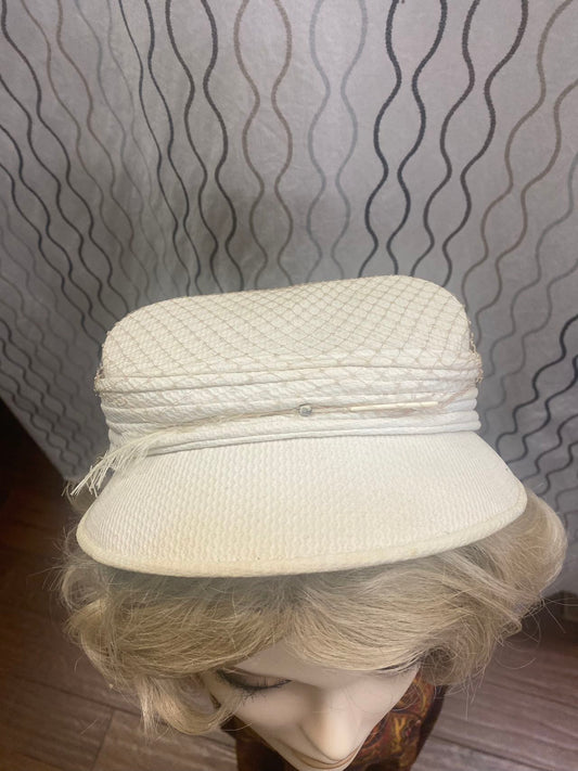 1950s Straw Sun Bonnet Crescent White Hat w Veil