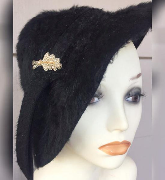 1930s black fur hat with pearl and silver thread applique - A Walk Thru Time Vintage