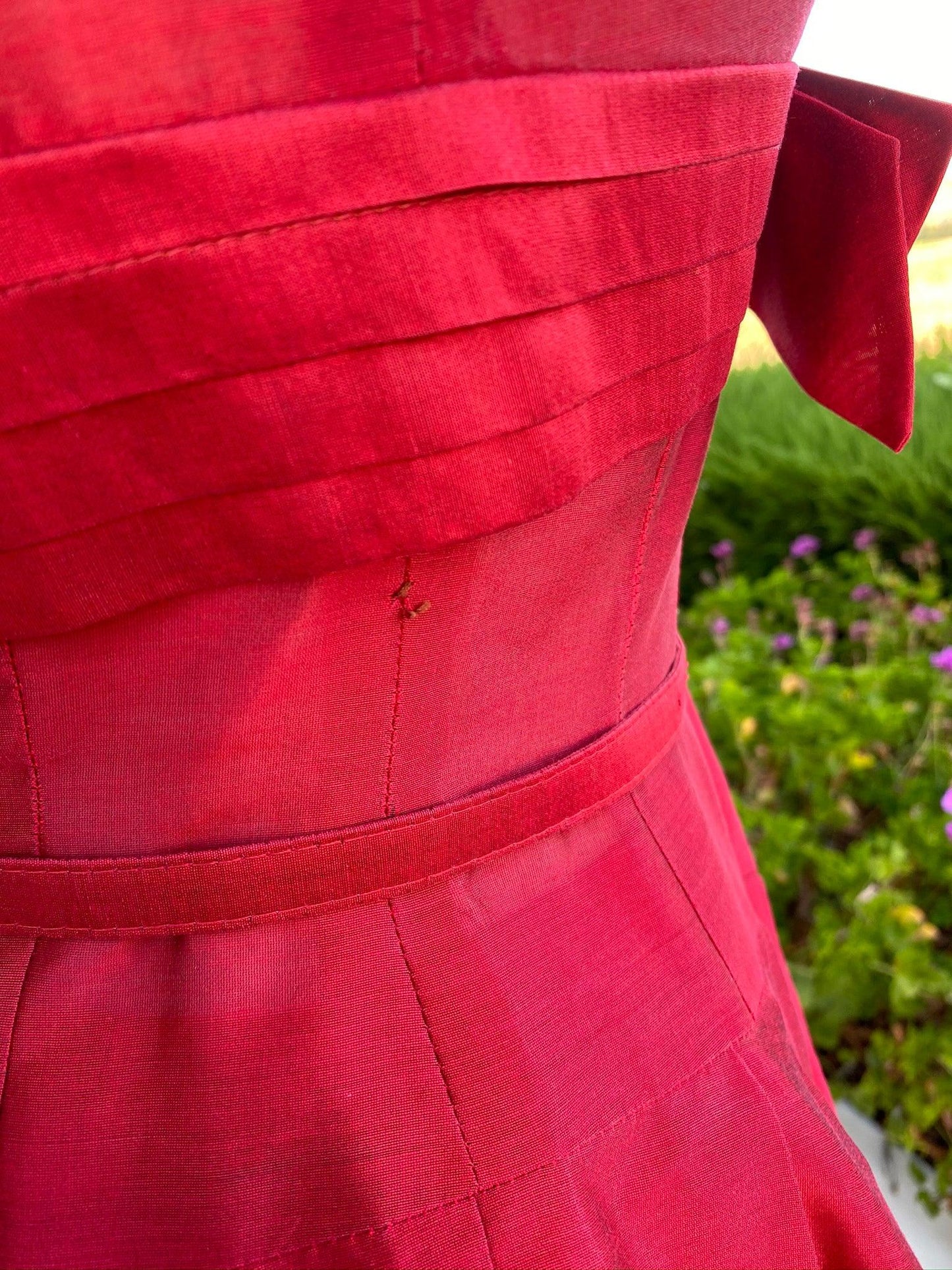Vintage 1950  Red Prom Party Dress w/ Circle Skirt -Bow -Belt - A Walk Thru Time Vintage