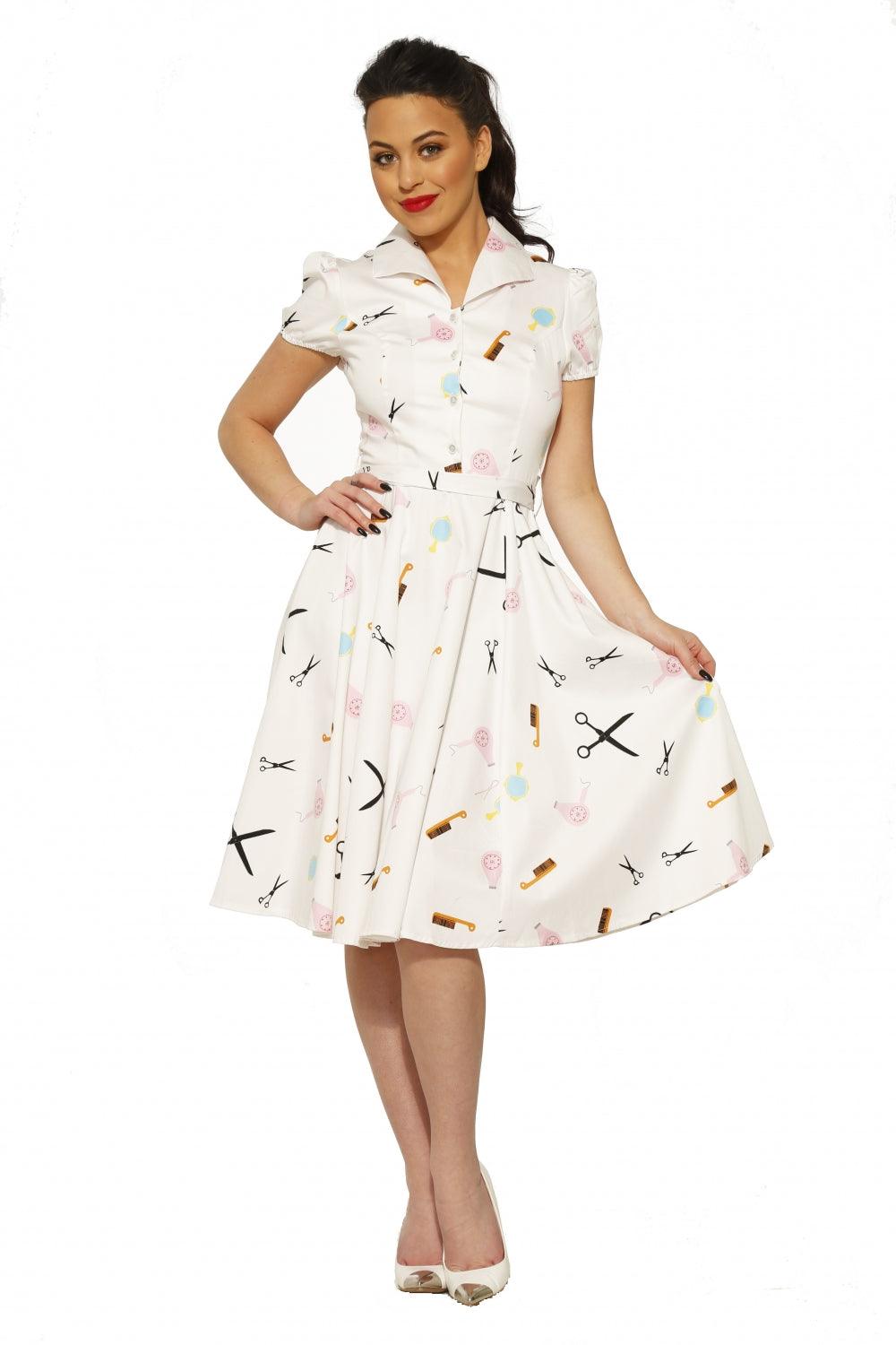 Peggy Dress in White Beauty Salon Print - A Walk Thru Time Vintage