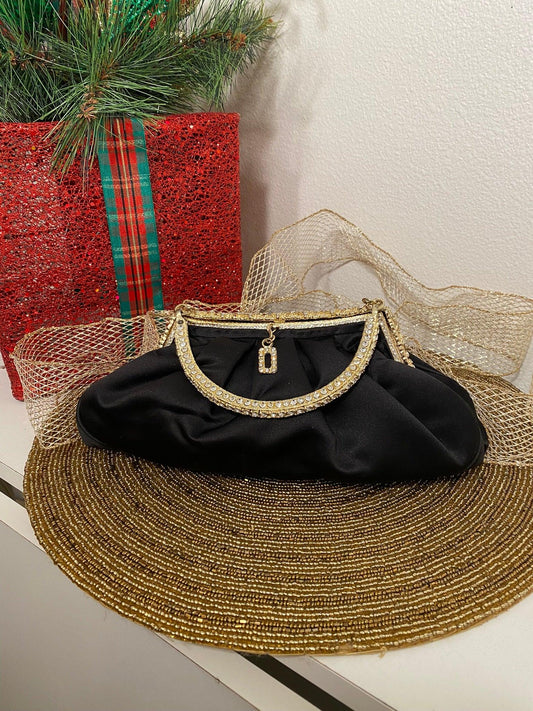 Vintage Black Satin Evening Purse with Rhinestone encrusted Handle and Clasp - A Walk Thru Time Vintage