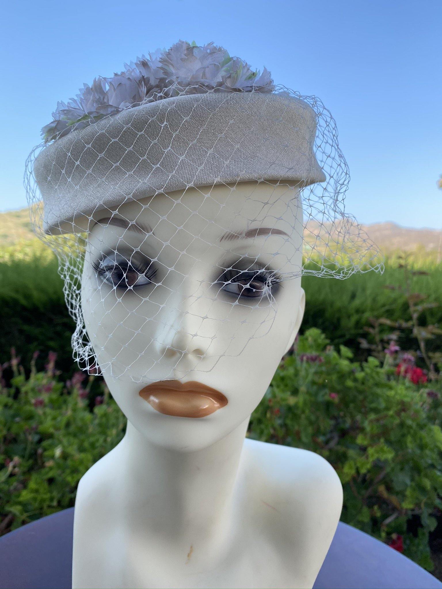 1960's Halo Pillbox Hat with veil and tan -green-white flowers - A Walk Thru Time Vintage