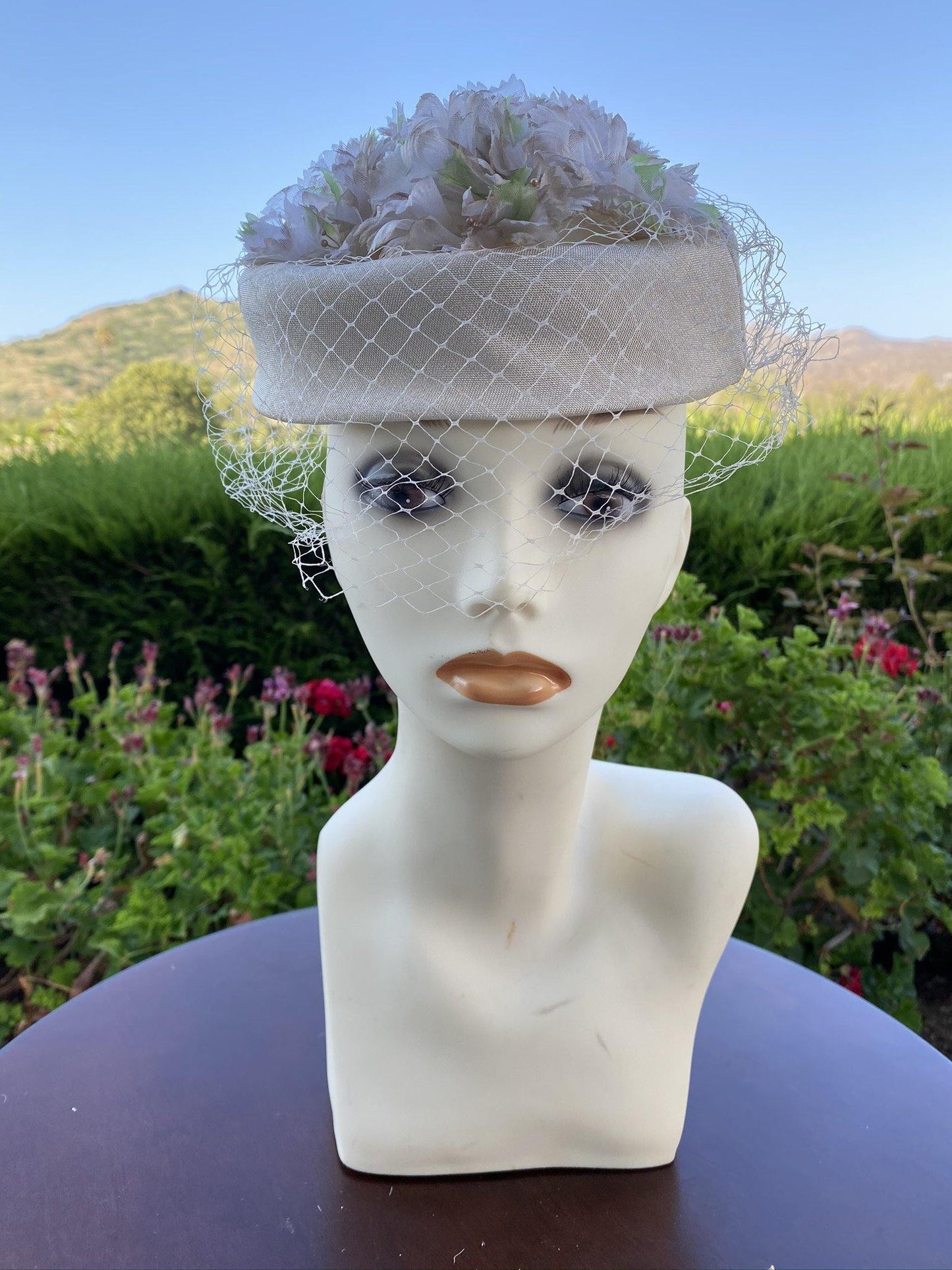 1960's Halo Pillbox Hat with veil and tan -green-white flowers - A Walk Thru Time Vintage