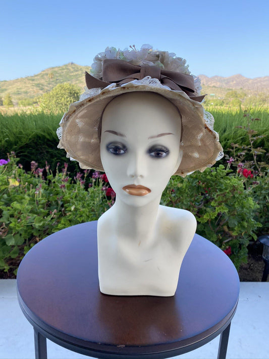 1960's Straw Ivory and Brown Cloche Style Hat - A Walk Thru Time Vintage