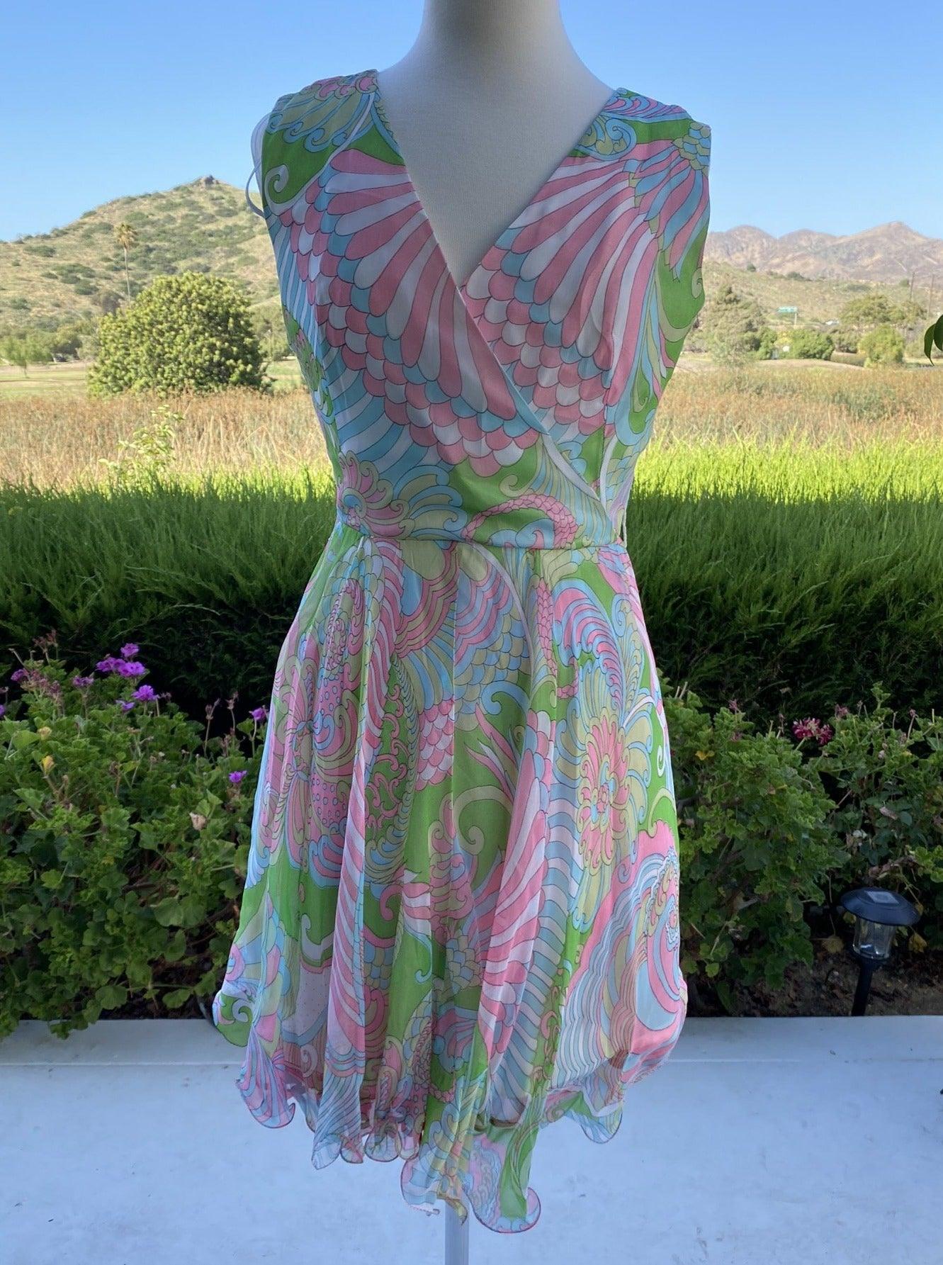 Chiffon 1960's Psychedelic V-Neck Swing Dress - A Walk Thru Time Vintage