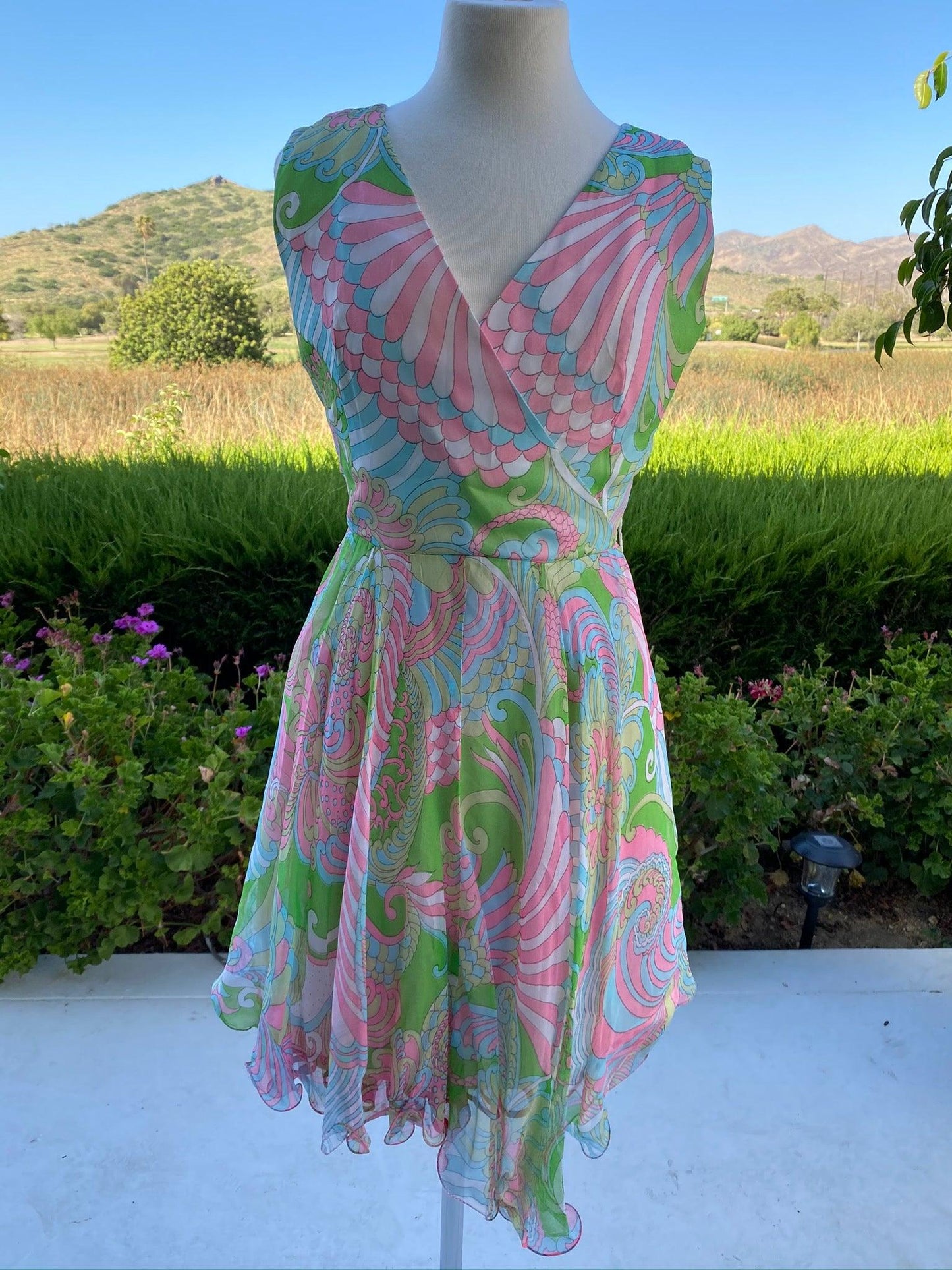 Chiffon 1960's Psychedelic V-Neck Swing Dress - A Walk Thru Time Vintage