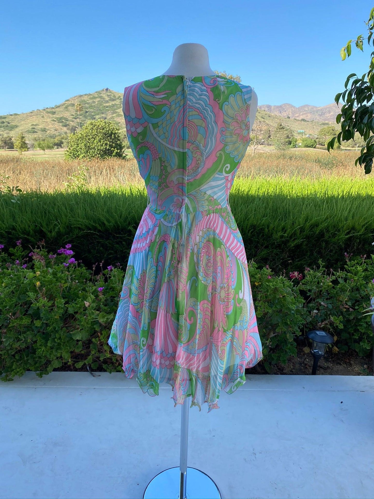 Chiffon 1960's Psychedelic V-Neck Swing Dress - A Walk Thru Time Vintage