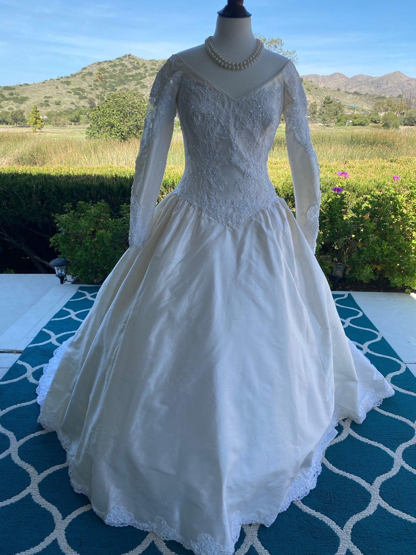 Vintage 1970's Cream Silk- Pearl and Lace Wedding Gown with Train - A Walk Thru Time Vintage