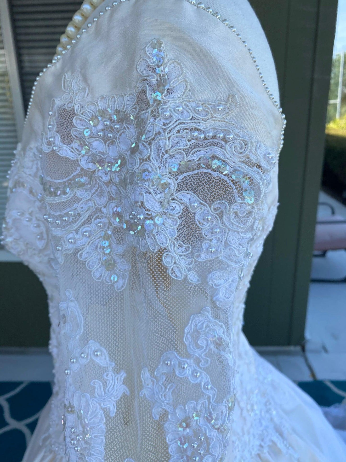 Vintage 1970's Cream Silk- Pearl and Lace Wedding Gown with Train - A Walk Thru Time Vintage