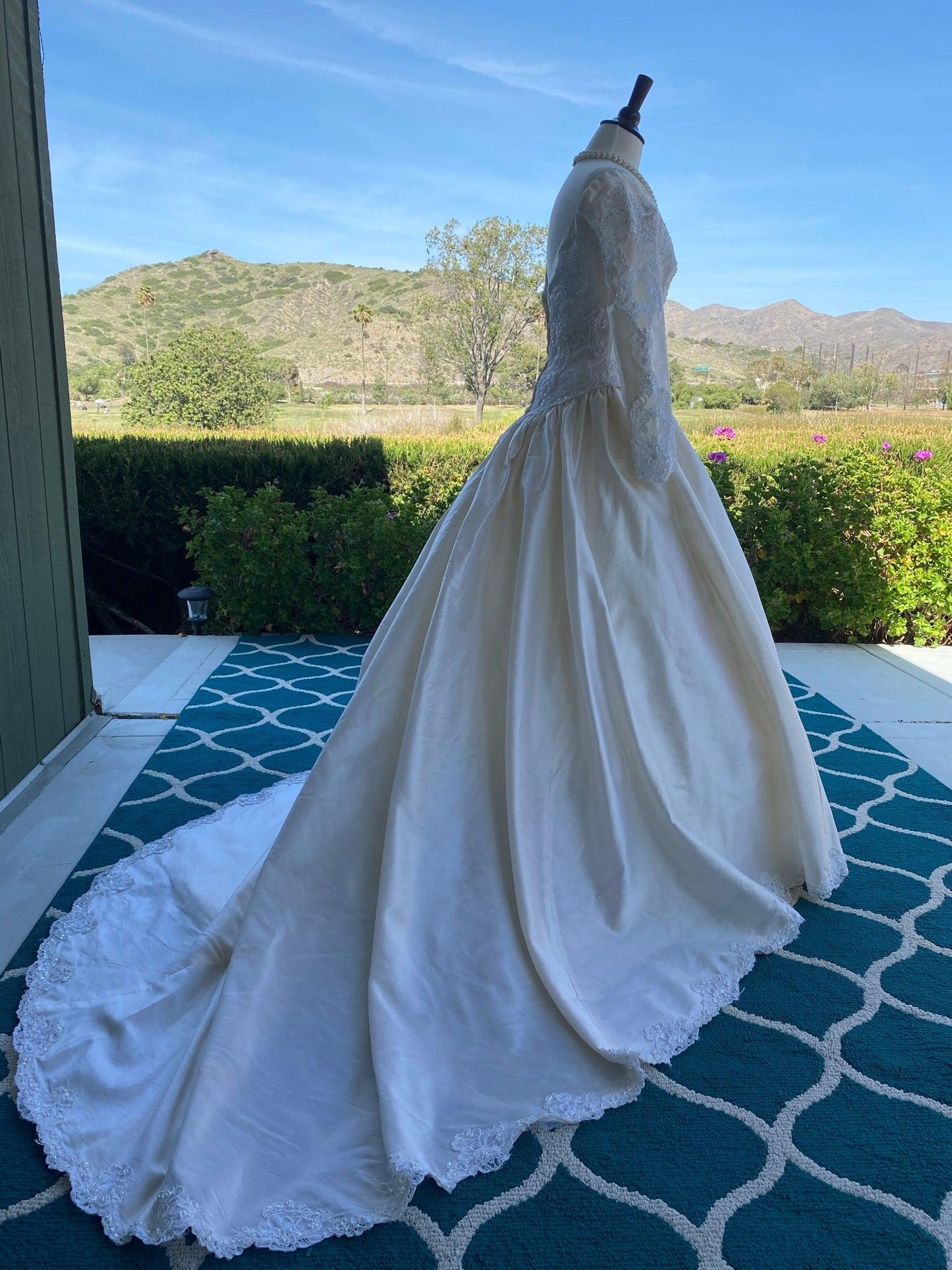 Vintage 1970's Cream Silk- Pearl and Lace Wedding Gown with Train - A Walk Thru Time Vintage