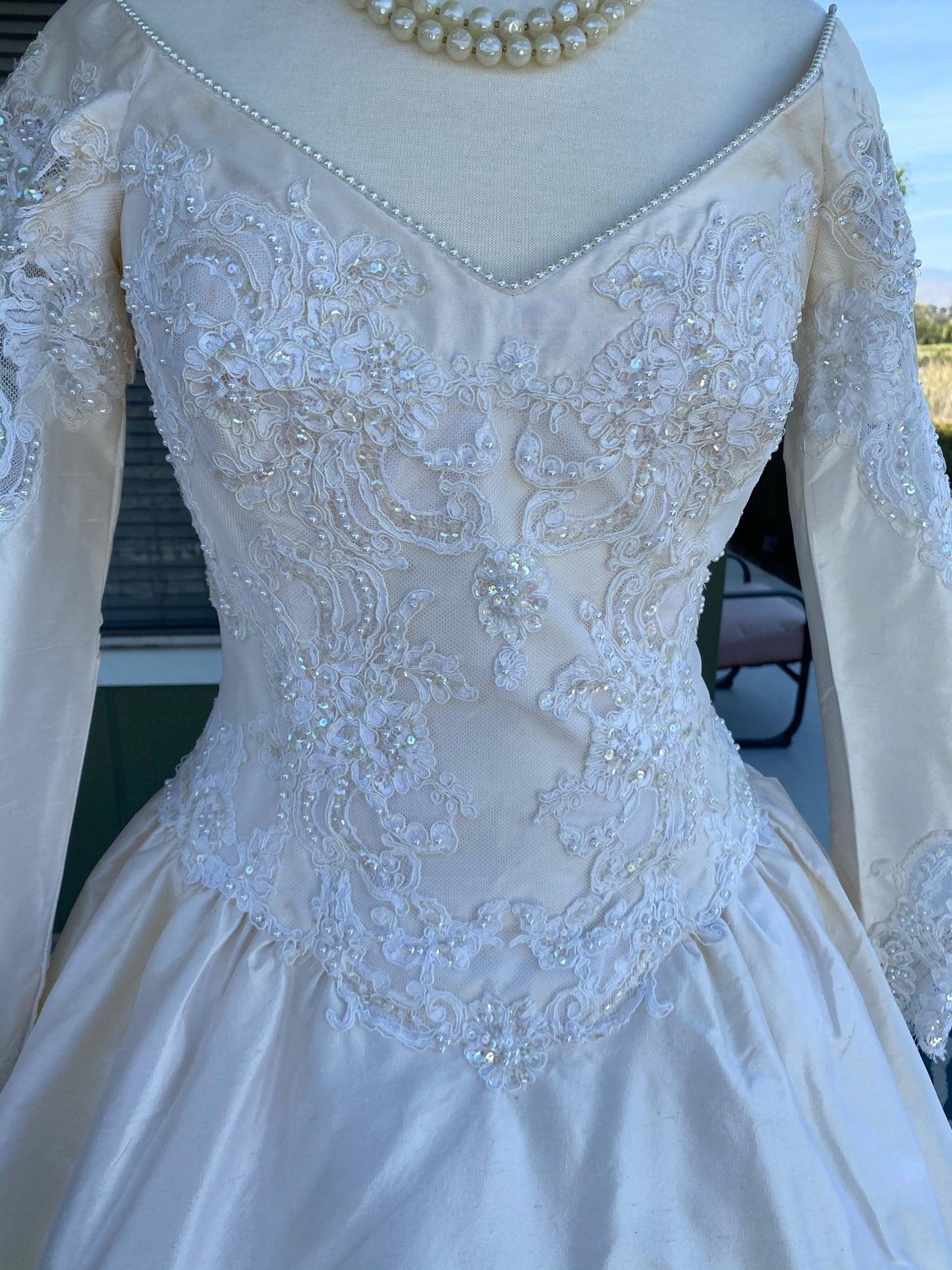 Vintage 1970's Cream Silk- Pearl and Lace Wedding Gown with Train - A Walk Thru Time Vintage