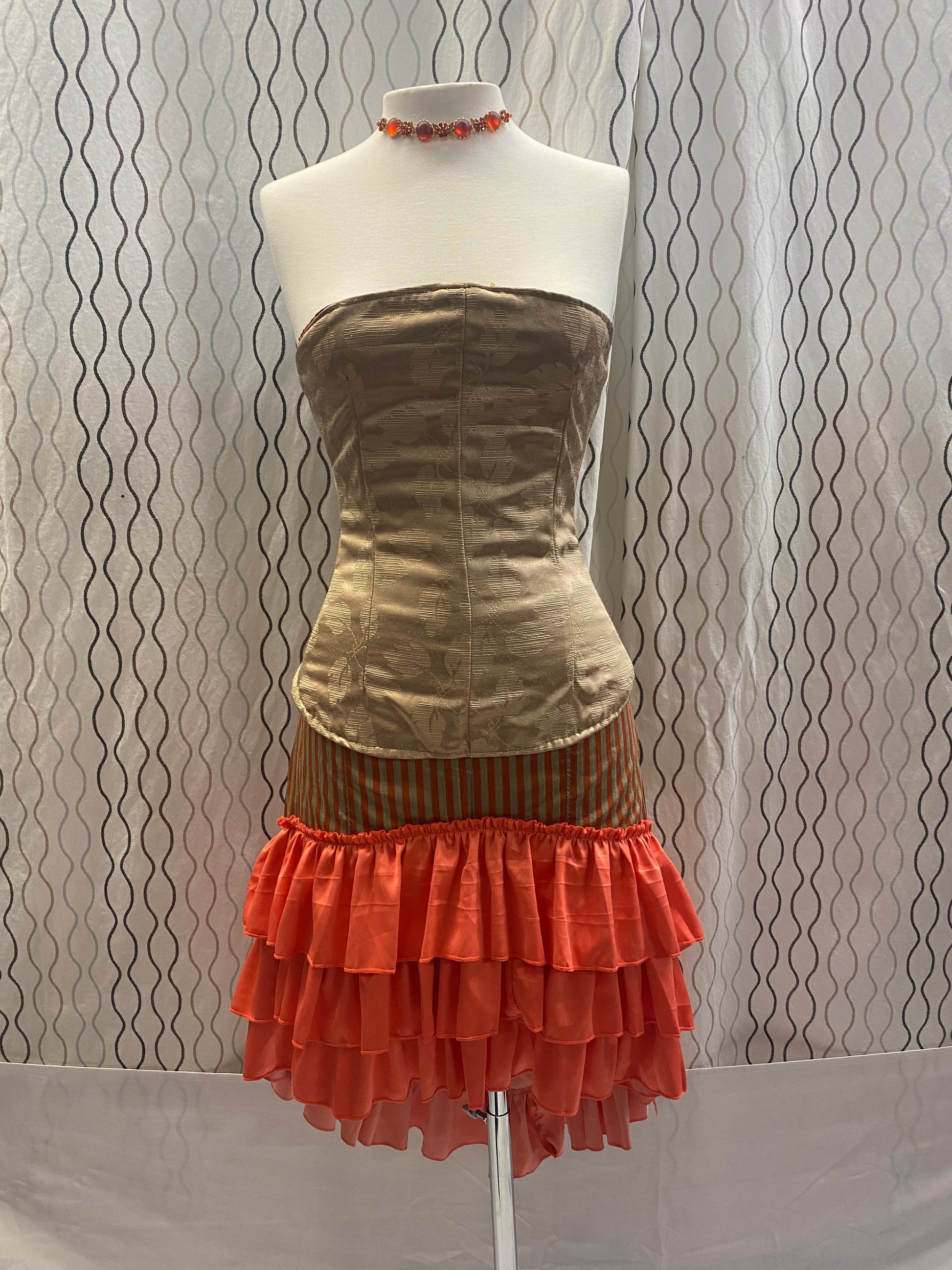 Womens High Low Ruffle Vertical Striped Renaissance Pirate Gypsy Steampunk Peach Orange & Olive Green Skirt - A Walk Thru Time Vintage