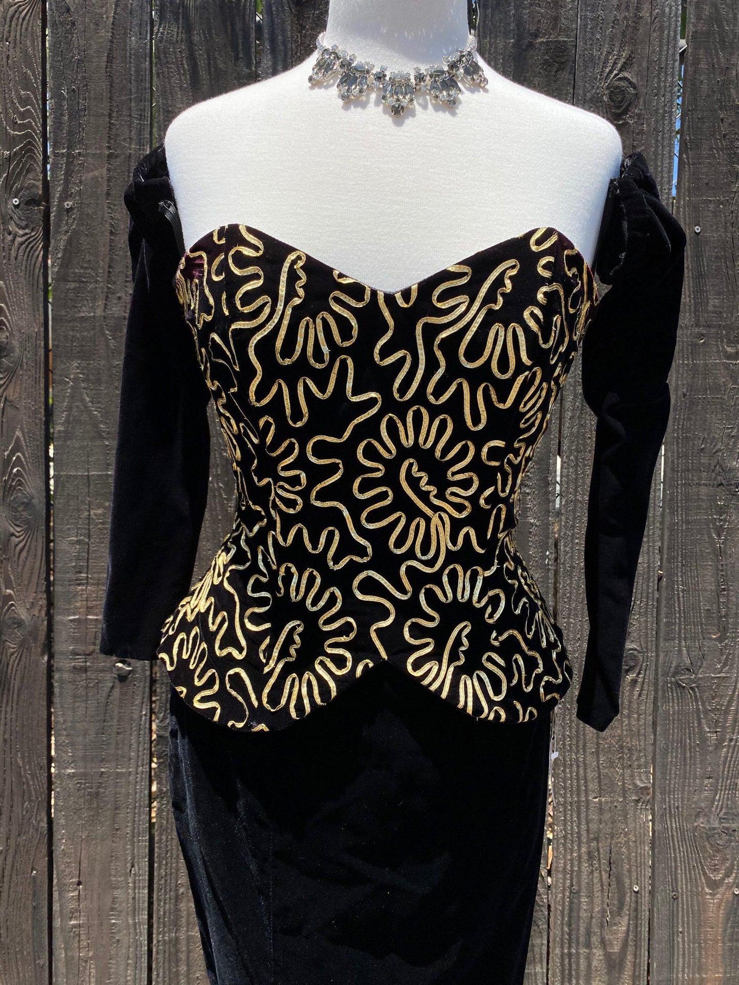 1980's Strapless Velvet Peplum Evening Gown With attached Gloves - A Walk Thru Time Vintage