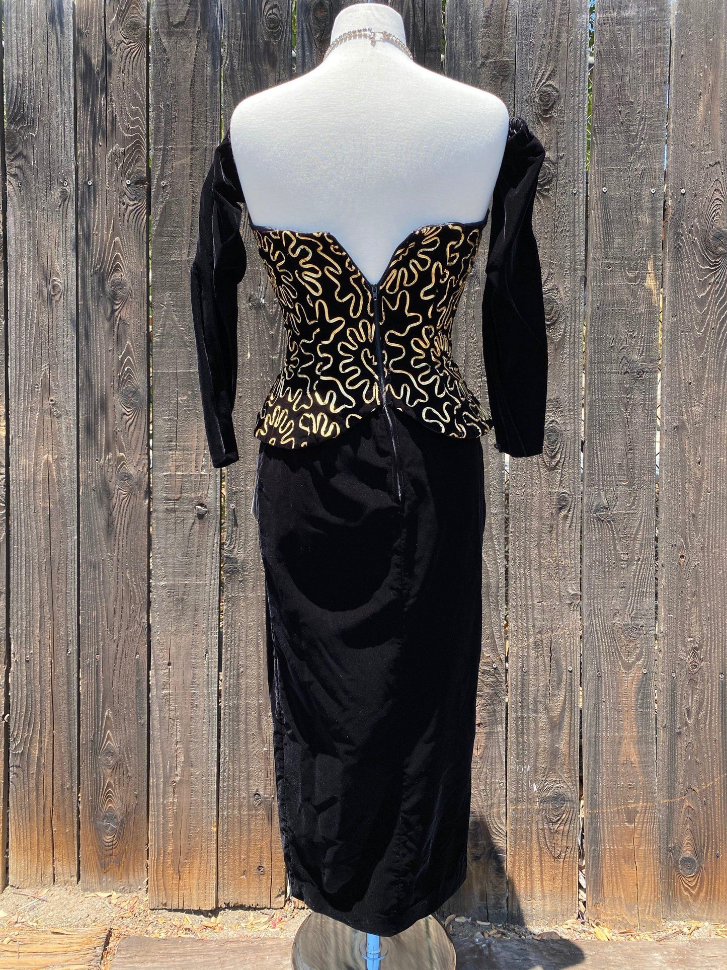 1980's Strapless Velvet Peplum Evening Gown With attached Gloves - A Walk Thru Time Vintage