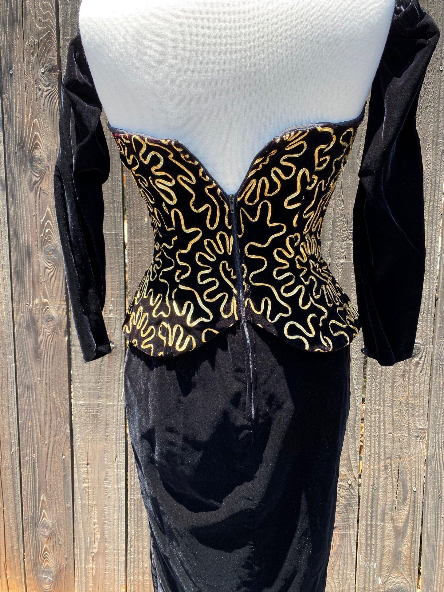 1980's Strapless Velvet Peplum Evening Gown With attached Gloves - A Walk Thru Time Vintage