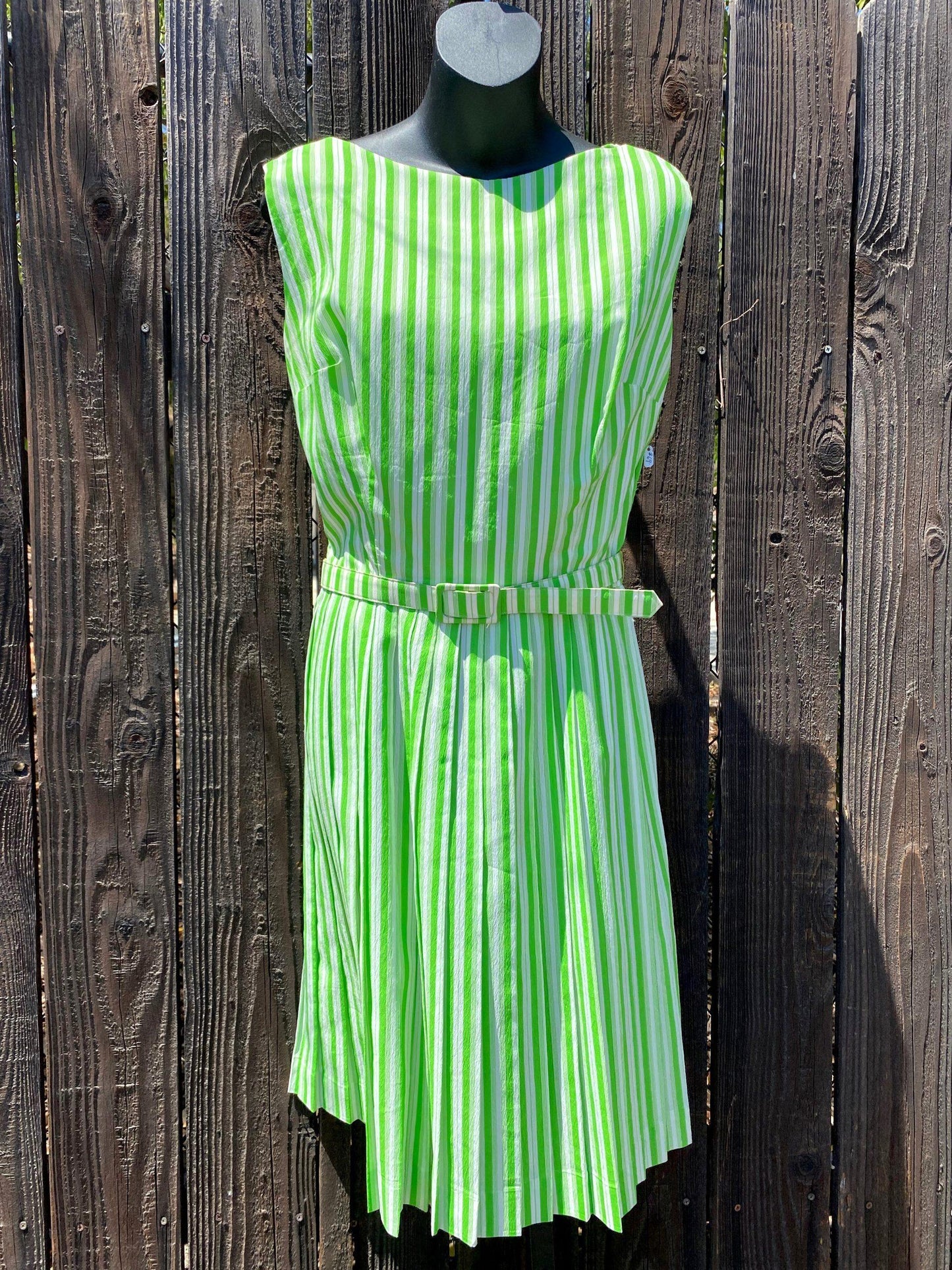 1950's Green & White Striped Crepe Dress With Belt - A Walk Thru Time Vintage