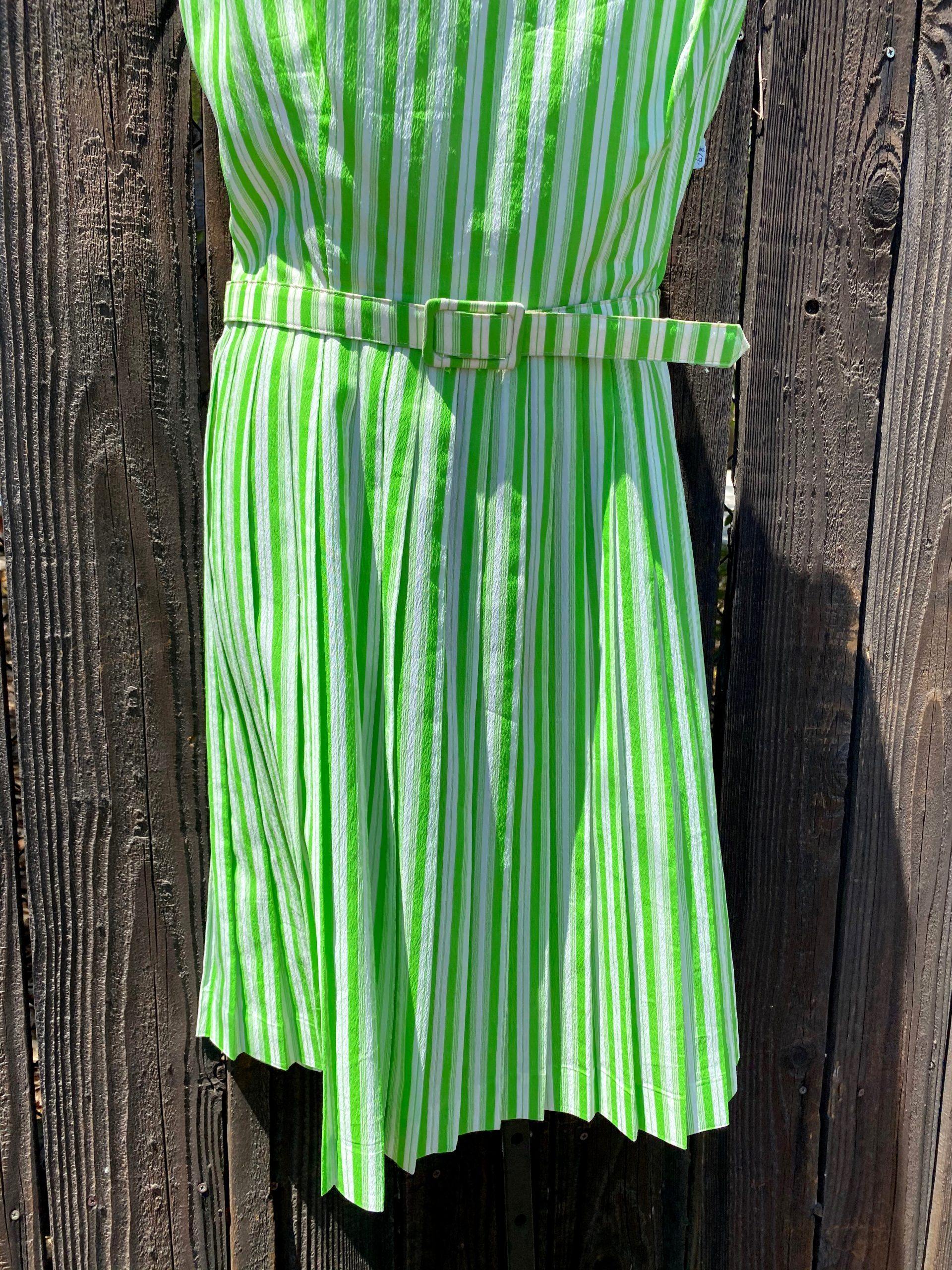 1950's Green & White Striped Crepe Dress With Belt - A Walk Thru Time Vintage