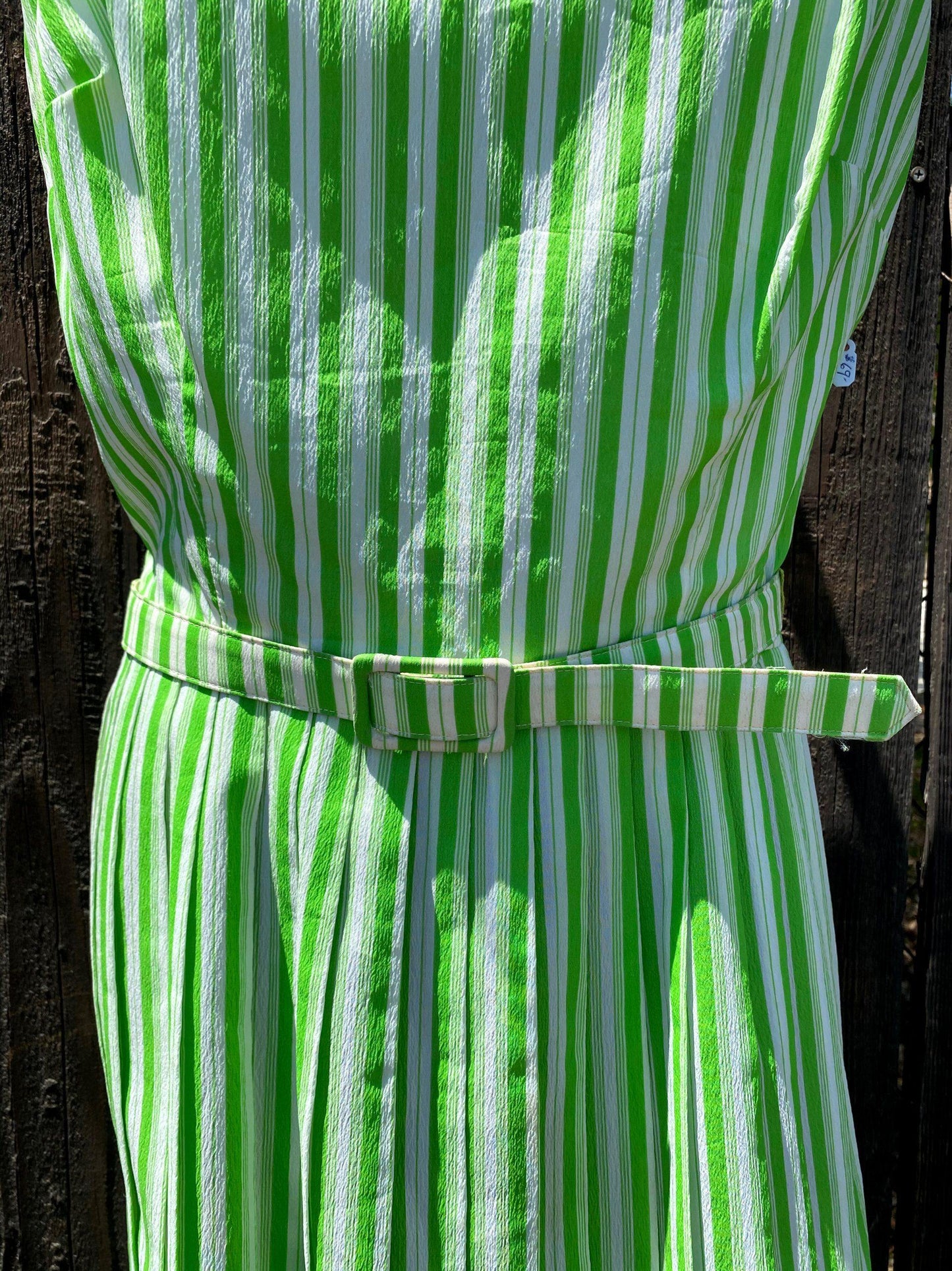 1950's Green & White Striped Crepe Dress With Belt - A Walk Thru Time Vintage