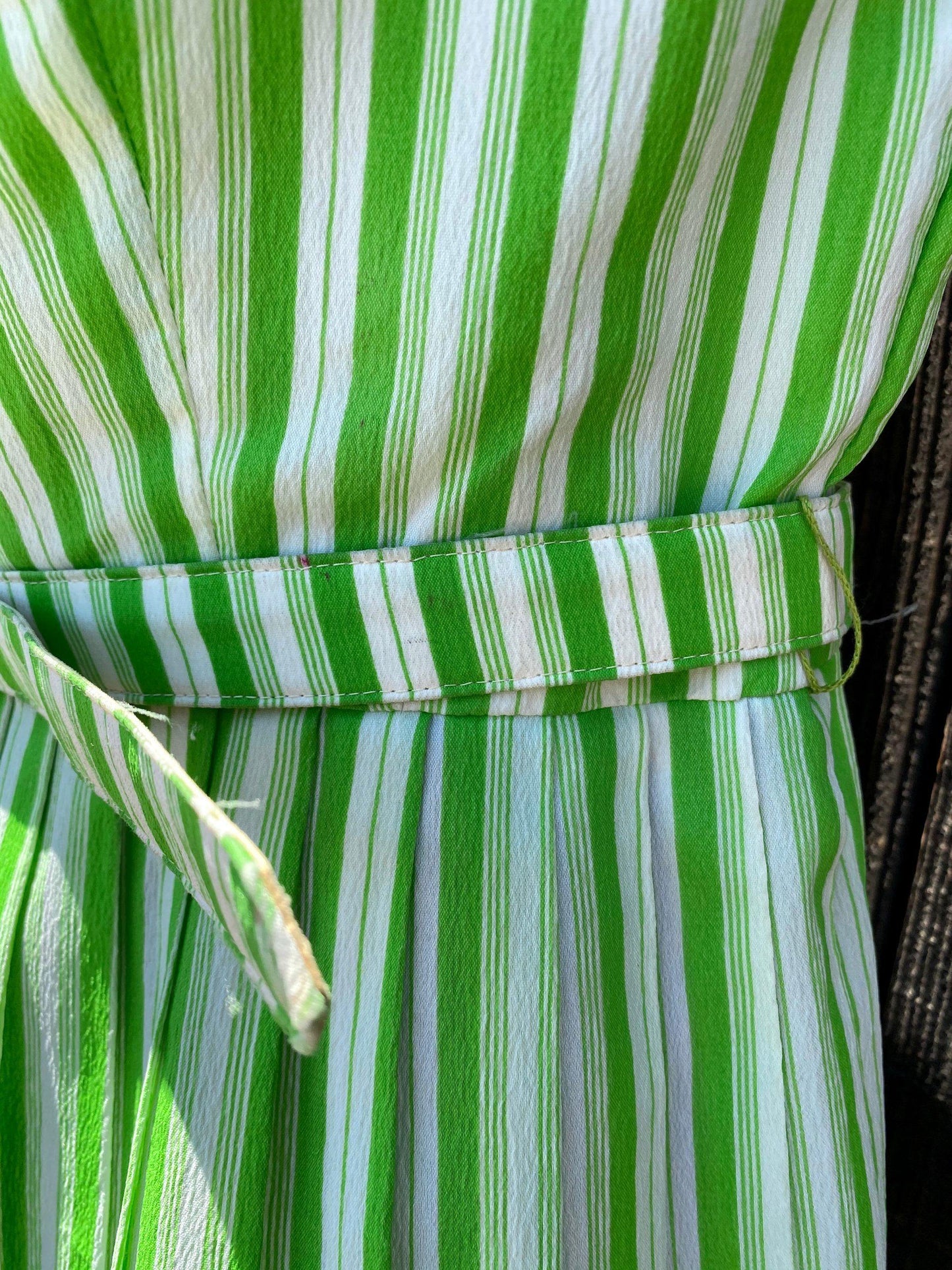 1950's Green & White Striped Crepe Dress With Belt - A Walk Thru Time Vintage