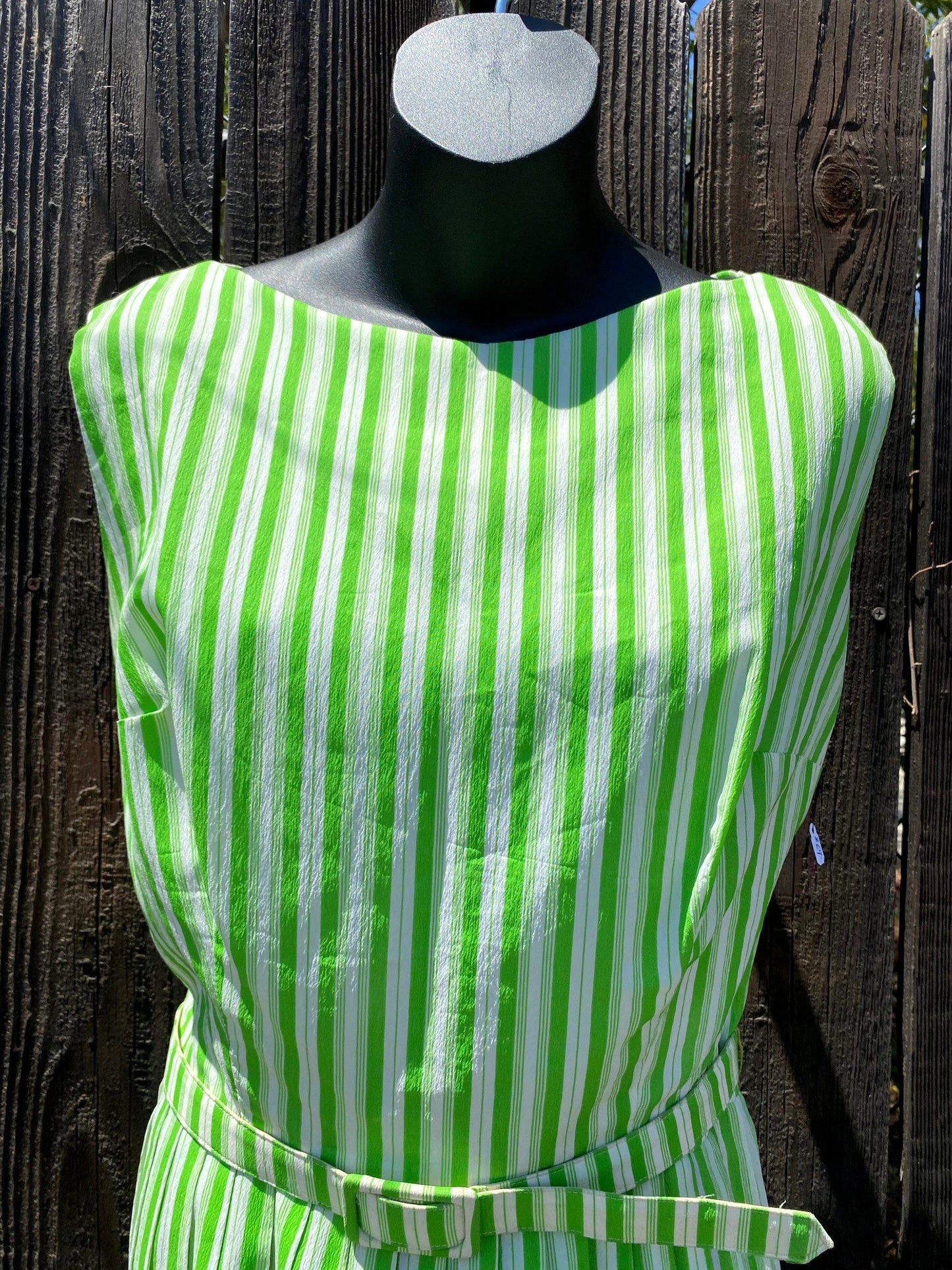 1950's Green & White Striped Crepe Dress With Belt - A Walk Thru Time Vintage