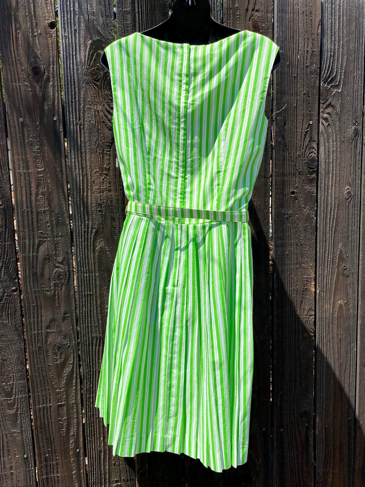 1950's Green & White Striped Crepe Dress With Belt - A Walk Thru Time Vintage