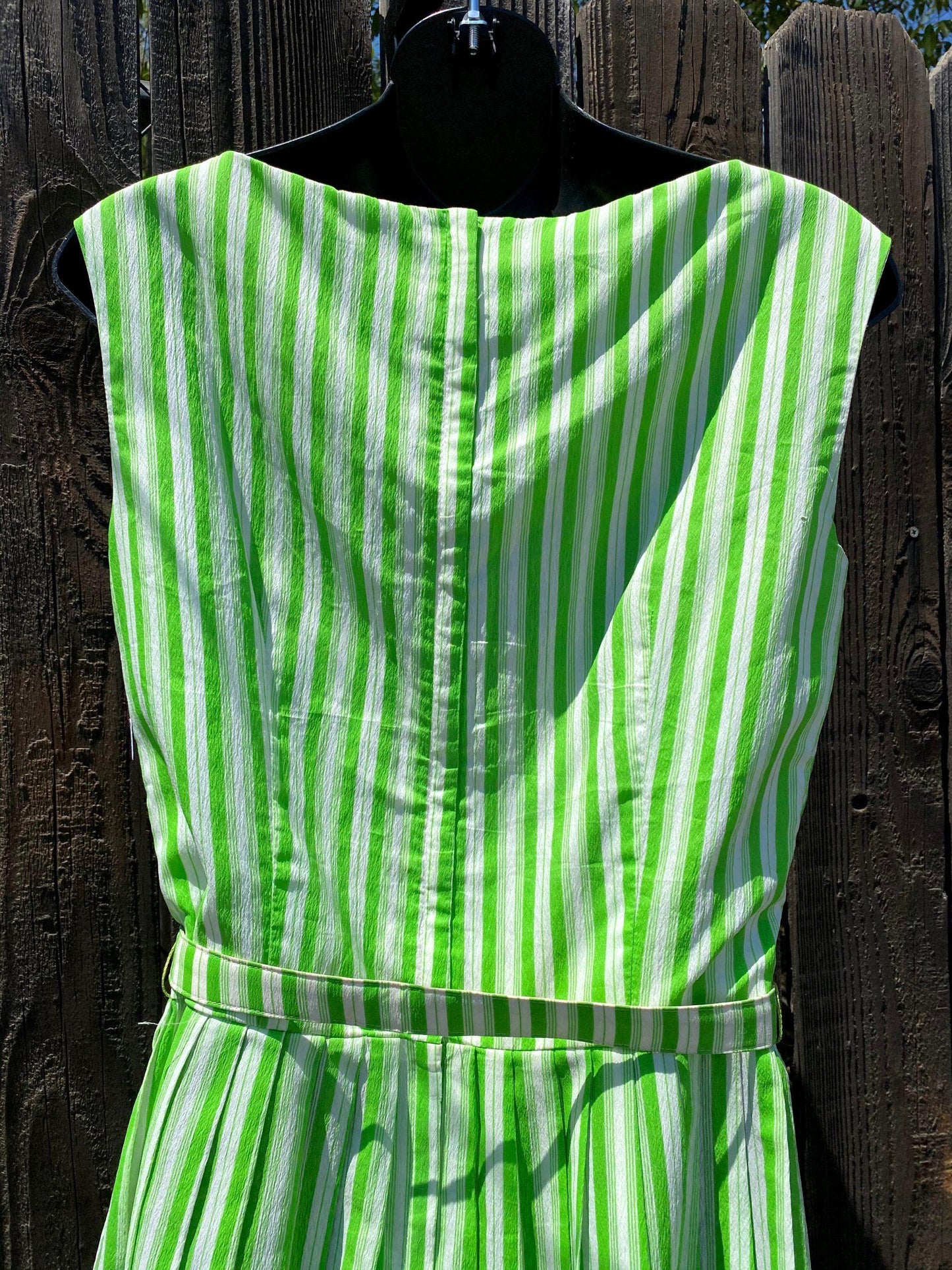 1950's Green & White Striped Crepe Dress With Belt - A Walk Thru Time Vintage