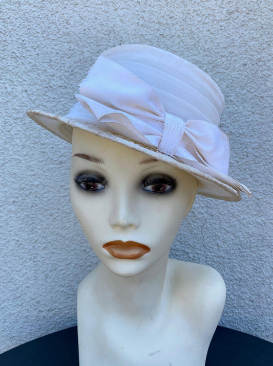 1960's White Chiffon Eyelet Hat With Bow - A Walk Thru Time Vintage
