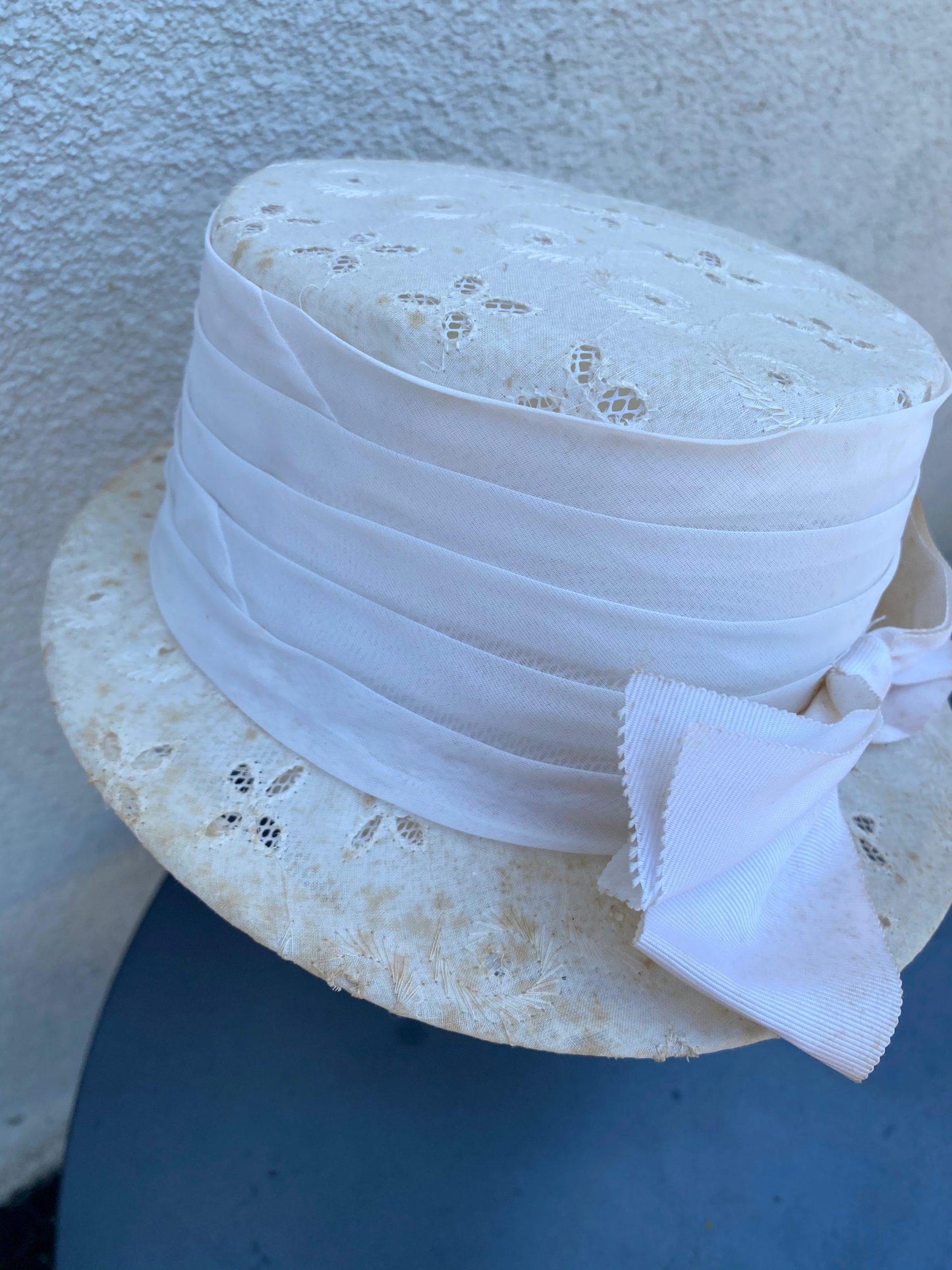 1960's White Chiffon Eyelet Hat With Bow - A Walk Thru Time Vintage