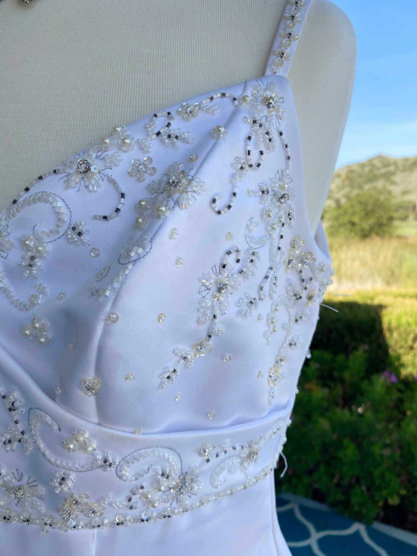 1960's Empire Spaghetti Strap Wedding Gown with Crystal & Pearls - A Walk Thru Time Vintage