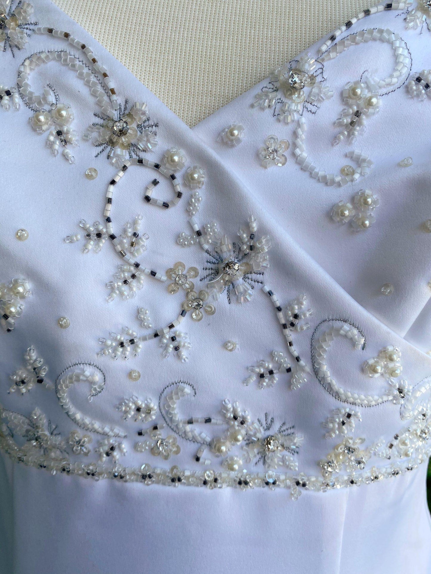 1960's Empire Spaghetti Strap Wedding Gown with Crystal & Pearls - A Walk Thru Time Vintage