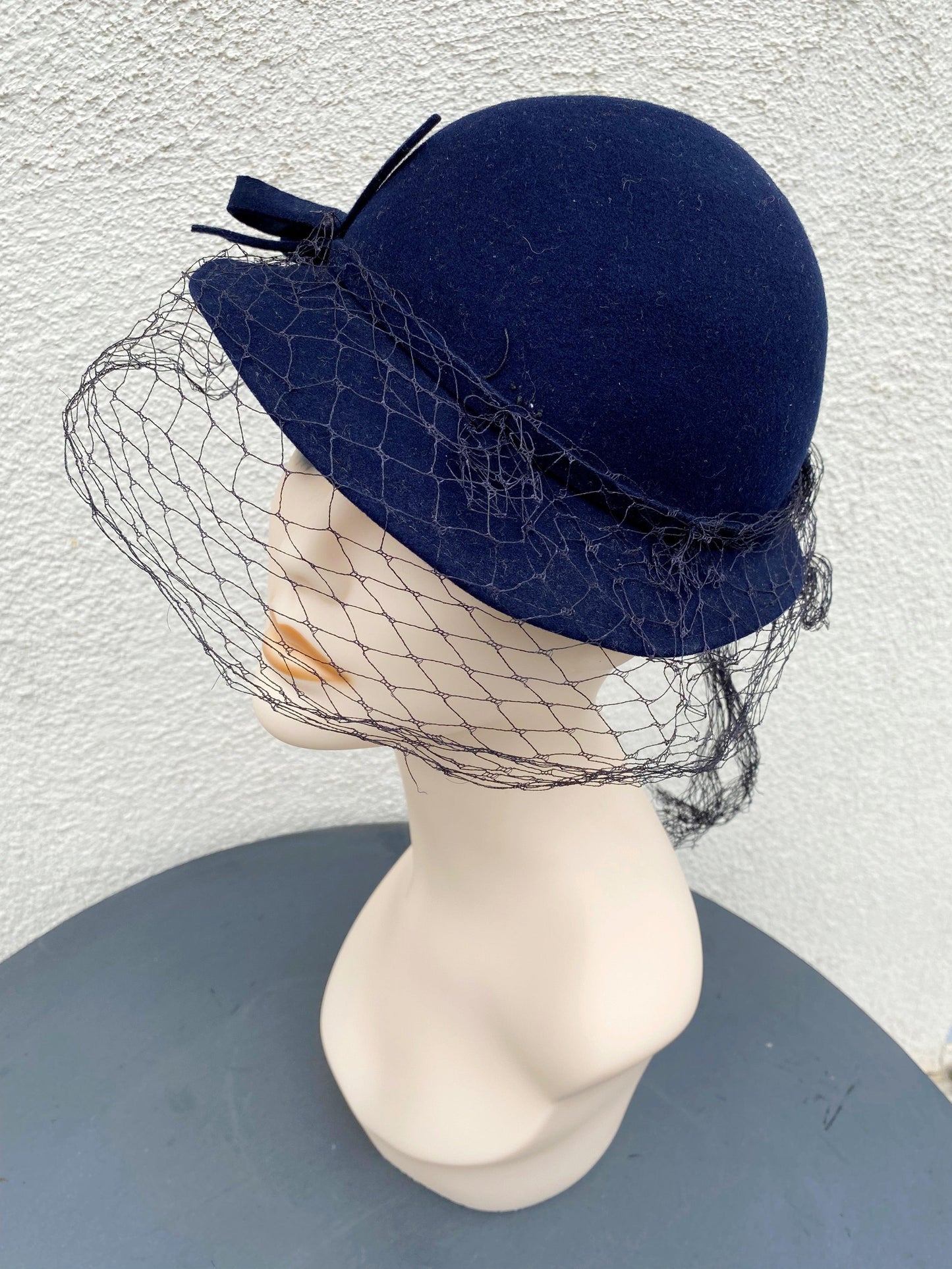 1930's Navy Blue Felt Hat with Veil & Bow - A Walk Thru Time Vintage