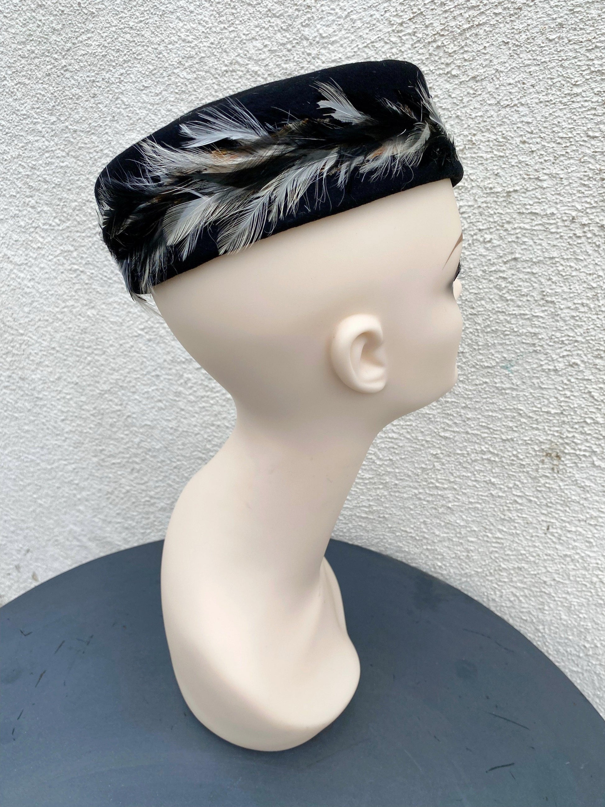 1950's-1960's Black Pillbox Hat with Feathered Band - A Walk Thru Time Vintage