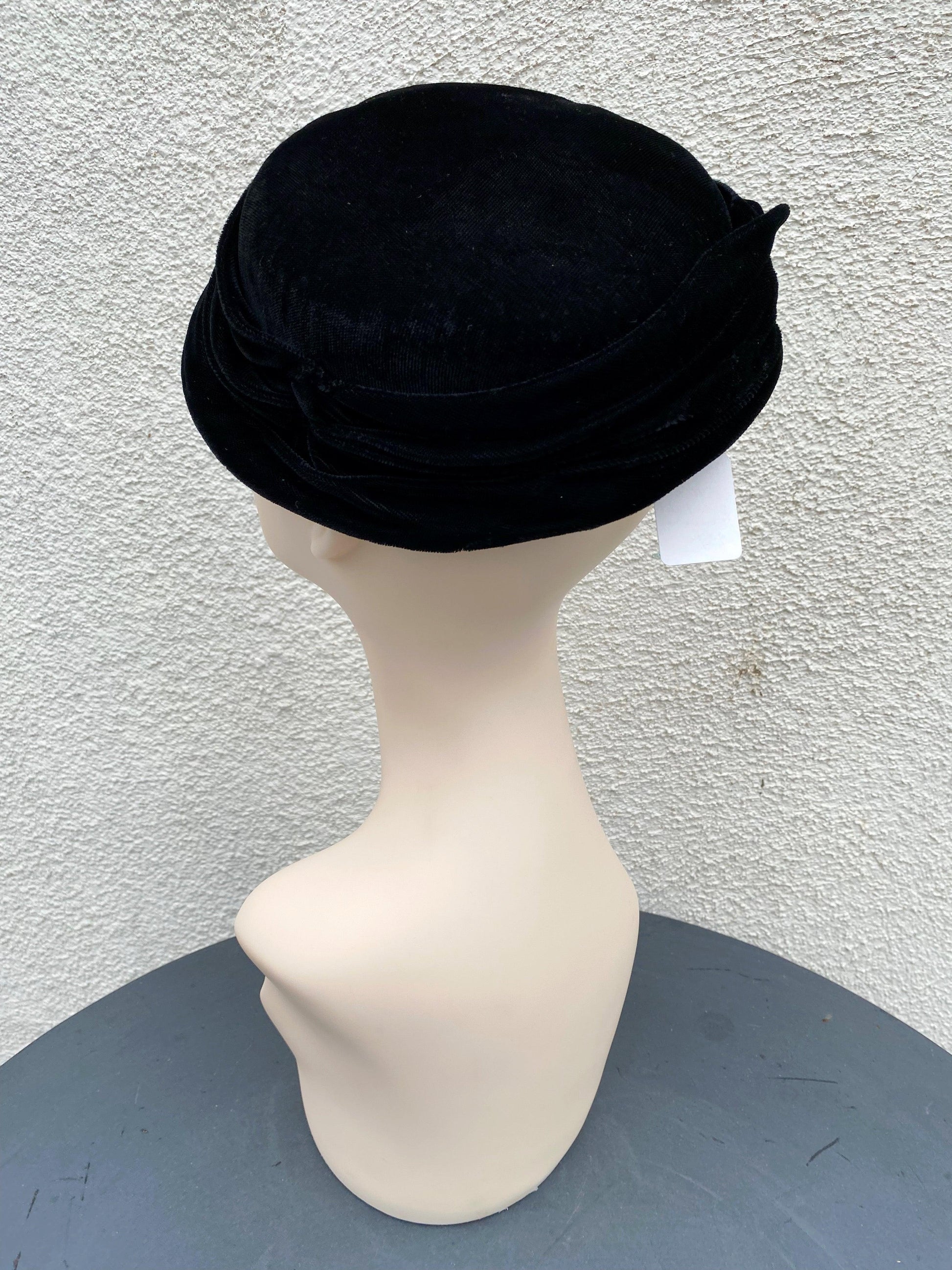 1940's Black Velvet Hat with Rhinestone - A Walk Thru Time Vintage