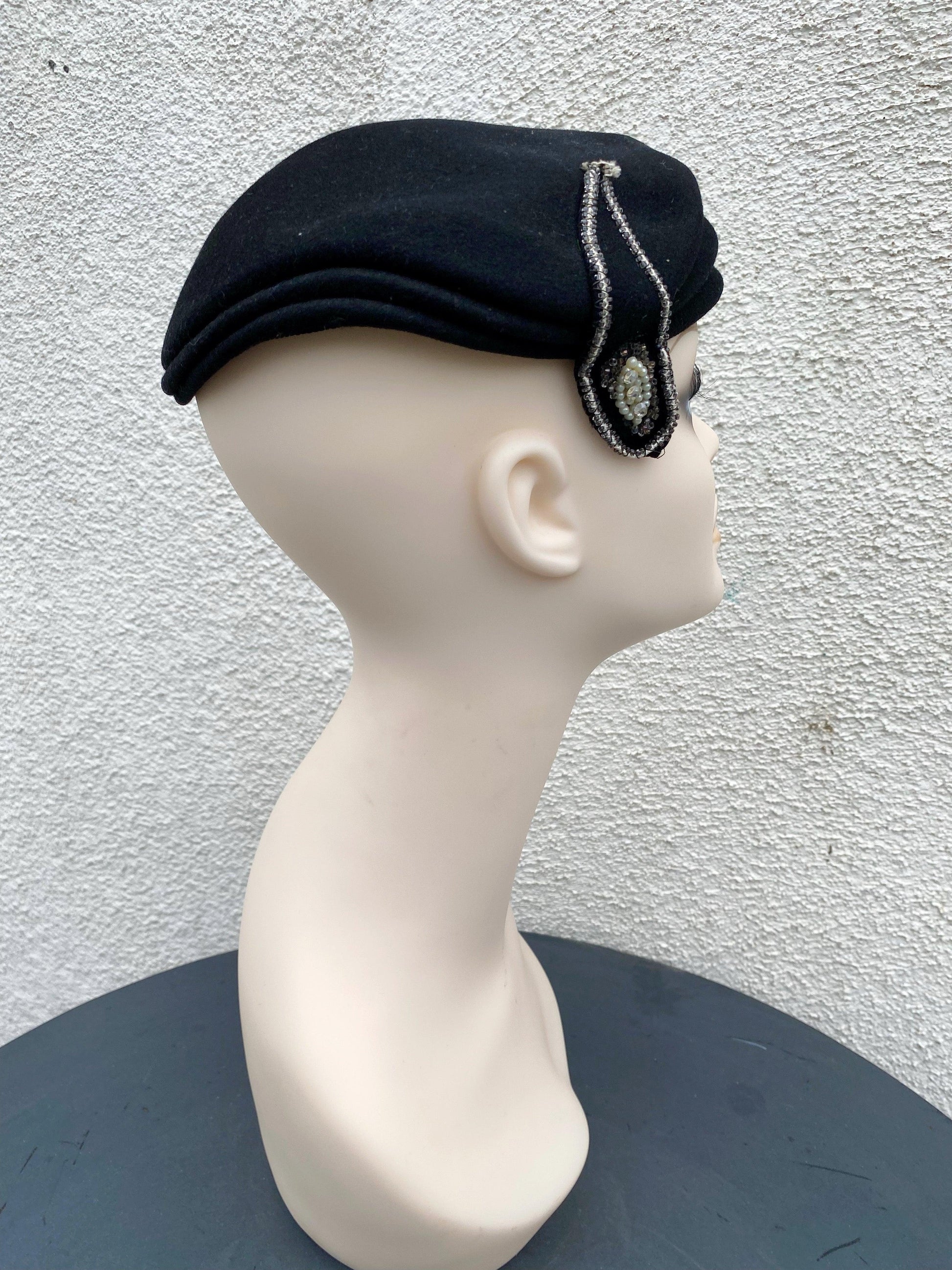 Vintage Black Wool Hat with Rhinestone Embellishments - A Walk Thru Time Vintage