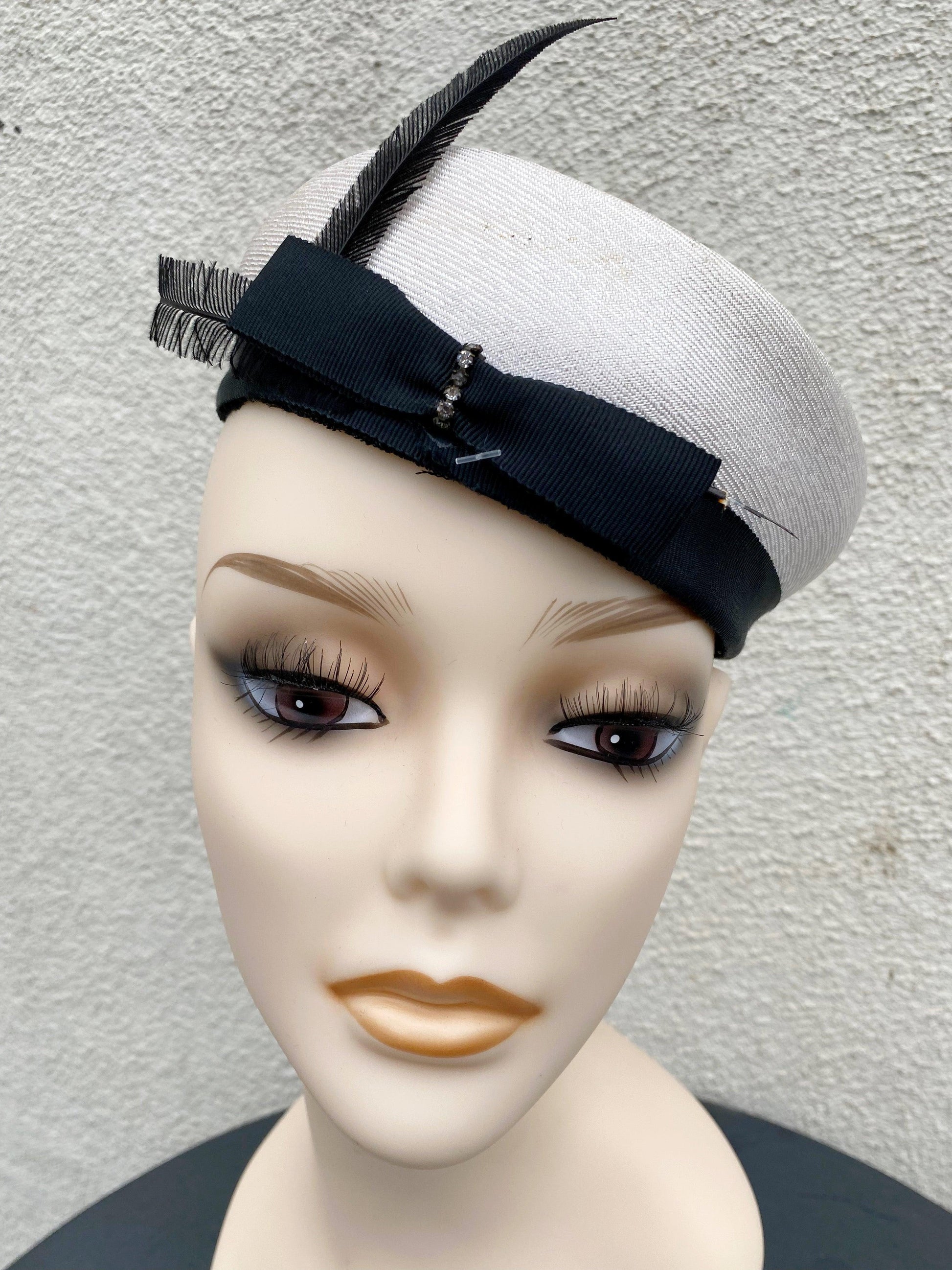 Vintage White with Black Trim Pillbox Hat with Feather - A Walk Thru Time Vintage