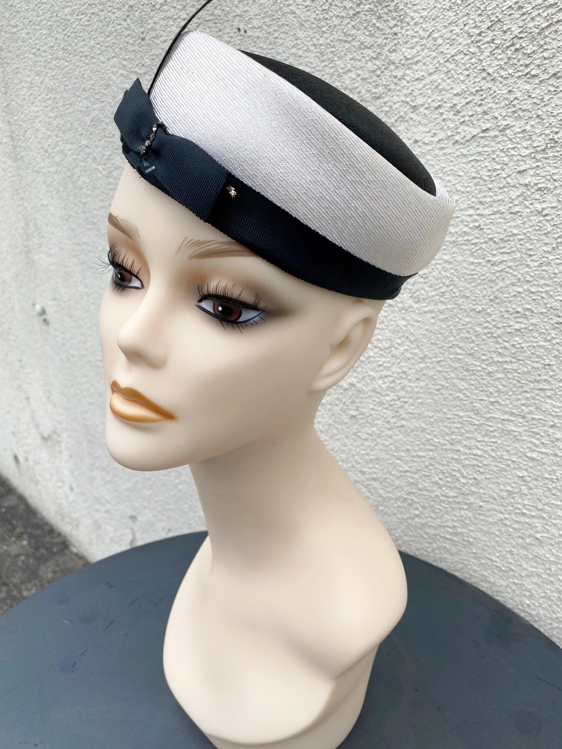 Vintage White with Black Trim Pillbox Hat with Feather - A Walk Thru Time Vintage